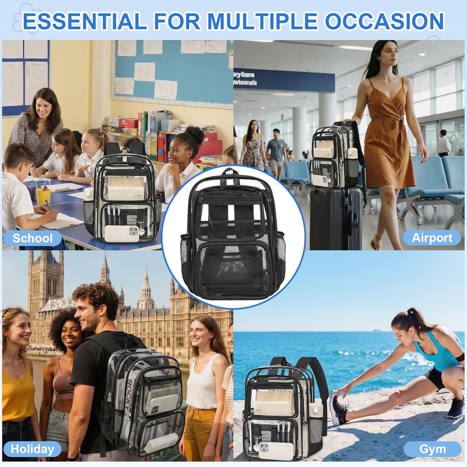 Clear Backpack for School, Large Heavy Duty Clear Bookbag with Luggage Strap & Stitches for Girls Boys, Reinforced See Through PVC Transparent Backpack for Stadium Events College Travel Work Black
