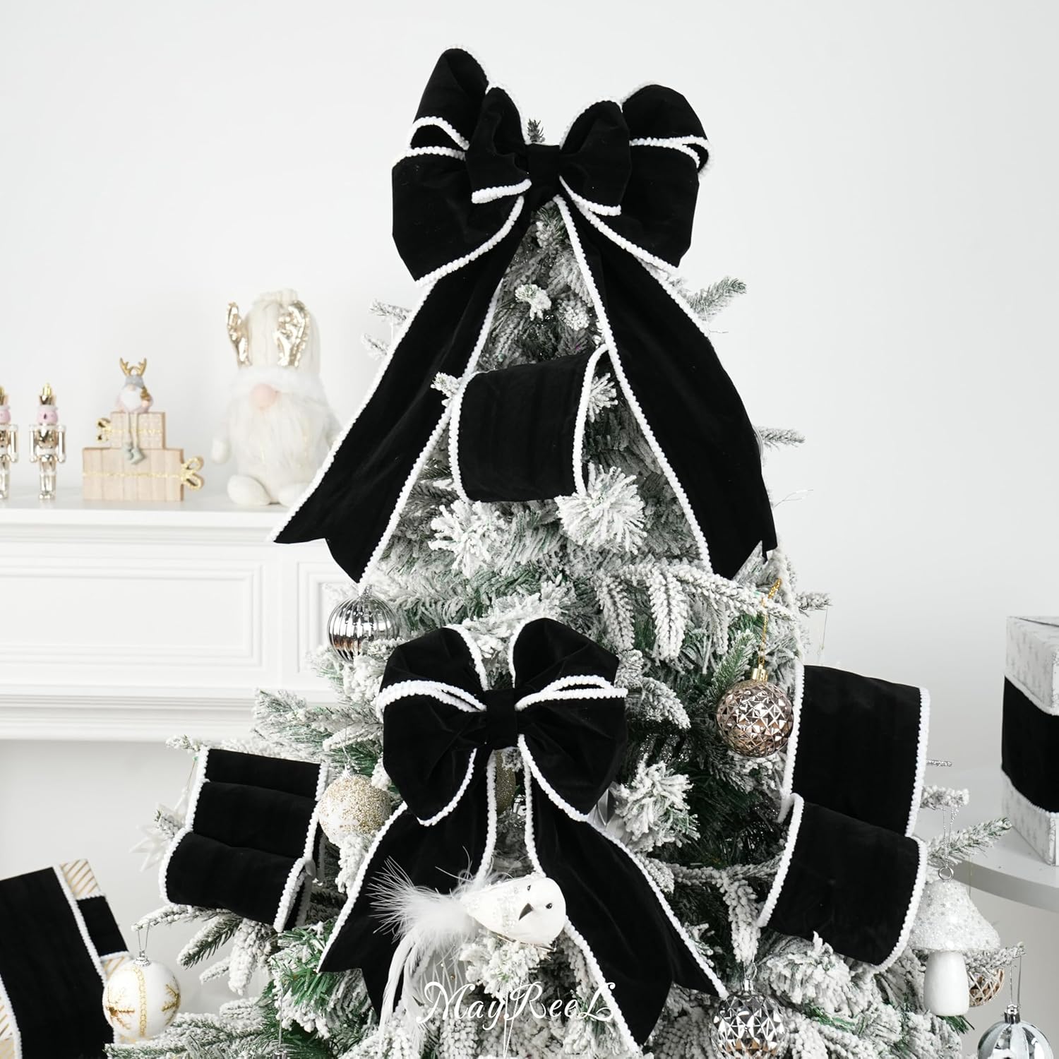 MAYREEL Black and White Velvet Wired Ribbon 4 Inch 10 Yards | With Snowy Edge, Gift Wrapping, Floral Crafts, Christmas Tree Decorations, Bows, Home Decoration