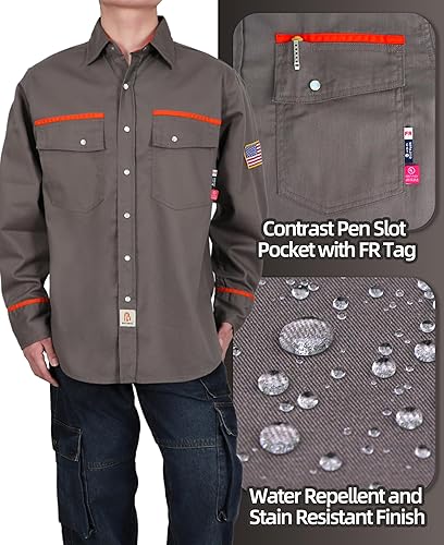 Miniatura 20 de BOCOMAL Camisas FR para hombre, resistentes al fuego, peso ligero, NFPA2112, camisa de soldadura ignífuga, acabado repelente al agua y al aceite