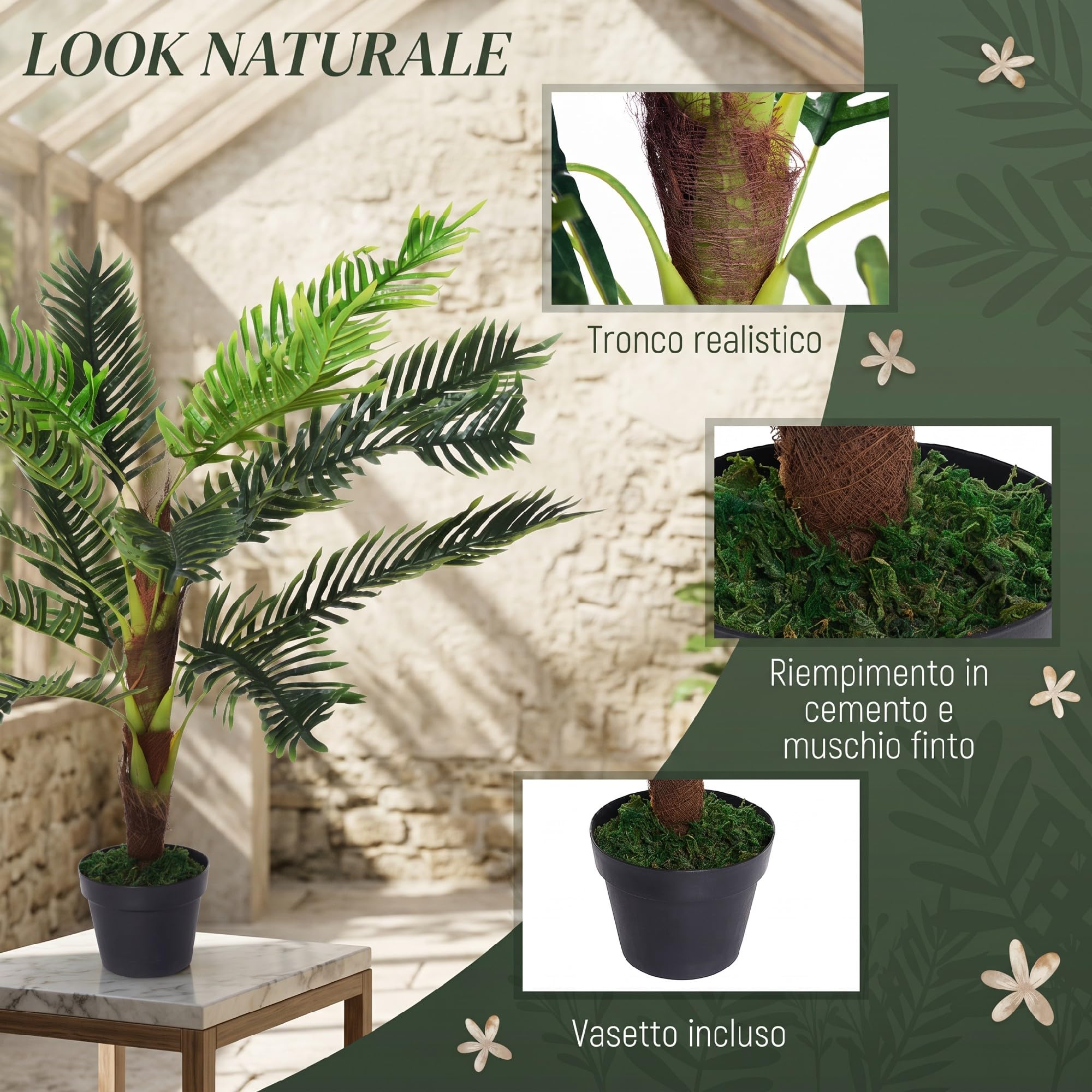Outsunny Pianta Artificiale Palma Cycas Alta 123cm con Vaso Incluso