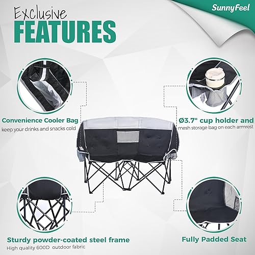 Miniatura 6 de SUNNYFEEL Silla de camping doble plegable de gran tamaño, silla de dos plazas portátil, silla de césped plegable resistente con almacenamiento para