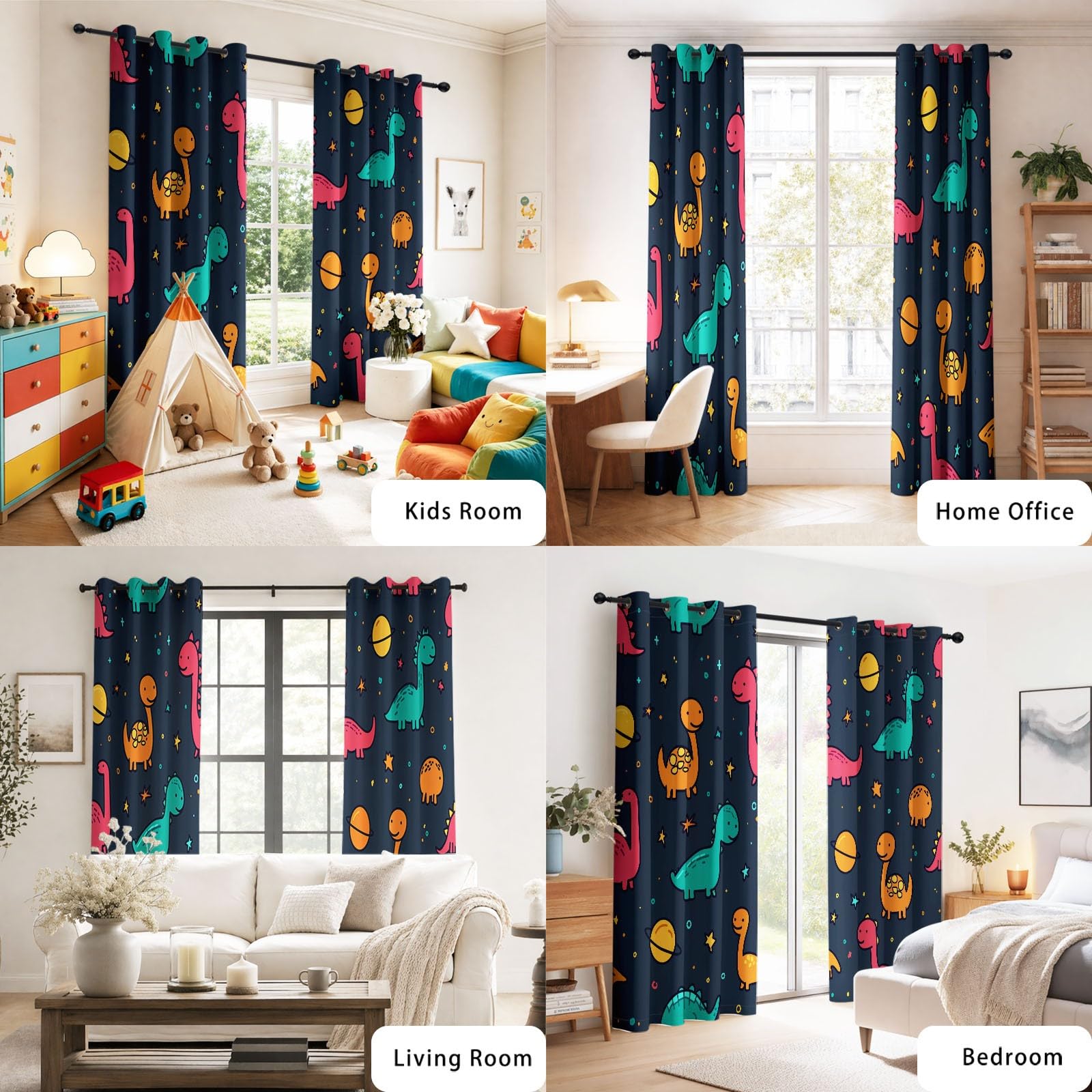 Générique Rideaux en Rideau Occultant Thermiques Rideaux à Oeillets Cartoon Space Dinosaur Planet Galaxy Stars Blue Kids Pattern pour Chambre Salon 2 Panneaux 117 x 229 CM
