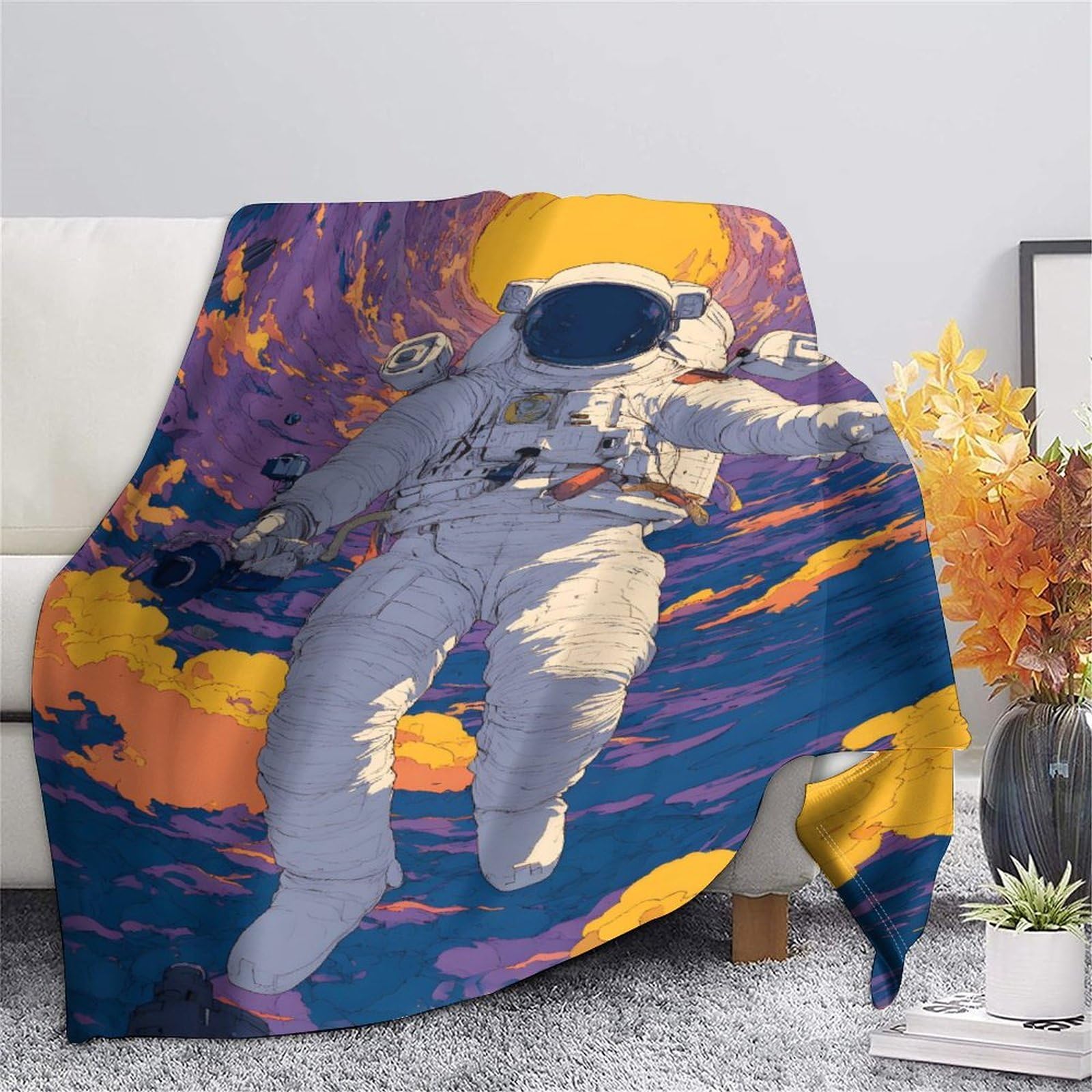 Farbechtes Weltraum Planeten Galaxie Sci-Fi Muster Flanell Fleece Decke, Astronauten Weltraum Mission Weicher Plüsch Bettüberwurf Für Wohnen, 80x90inch(200x230cm)