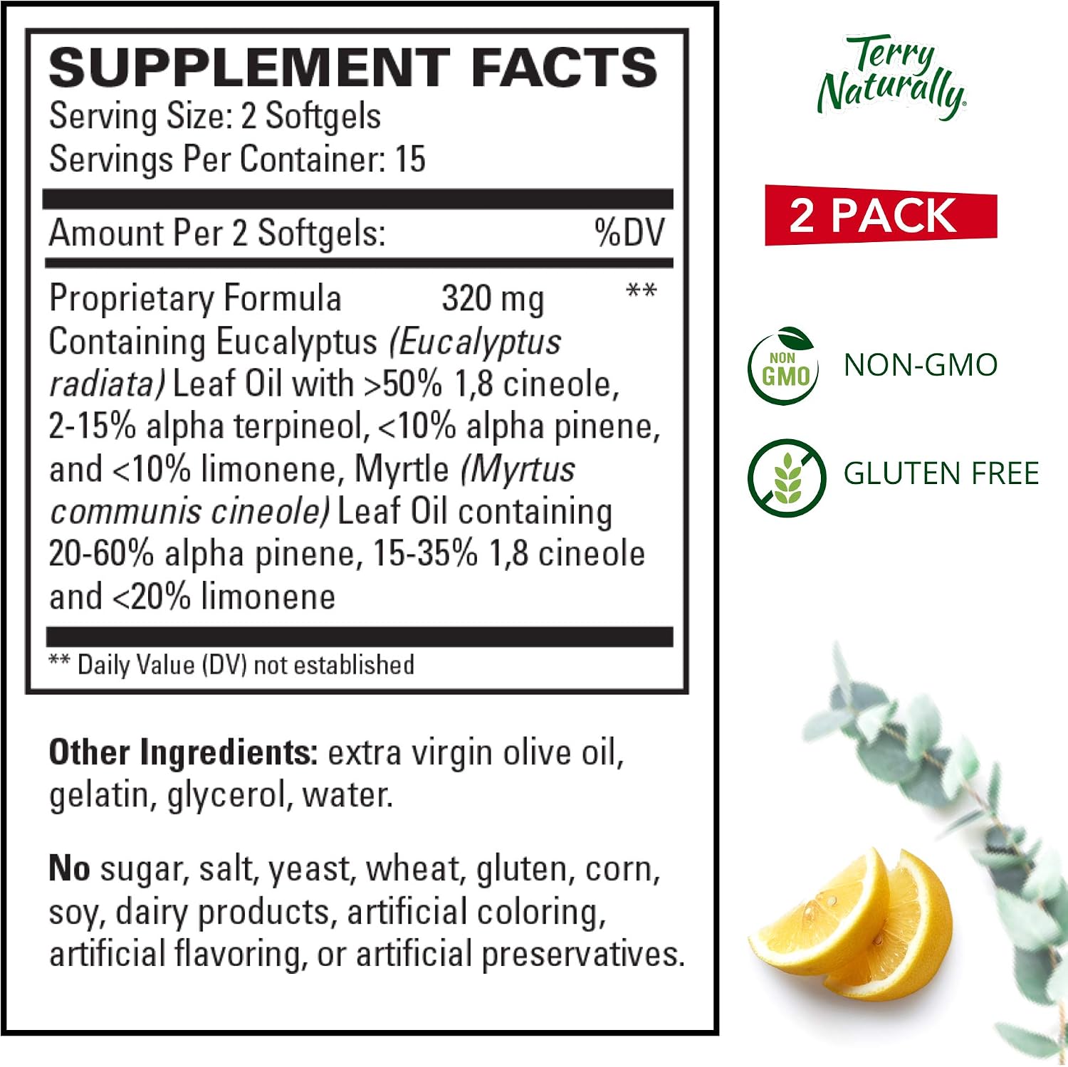 Terry Naturally SinuCare Extra Strength (2 Pack) - 325 mg Eucalyptus, Myrtle & Lemon Zest Oil Complex, 30 Softgels - Sinus, Lung & Bronchial Support Supplement, Non-Drowsy - Non-GMO, Gluten-Free - 30