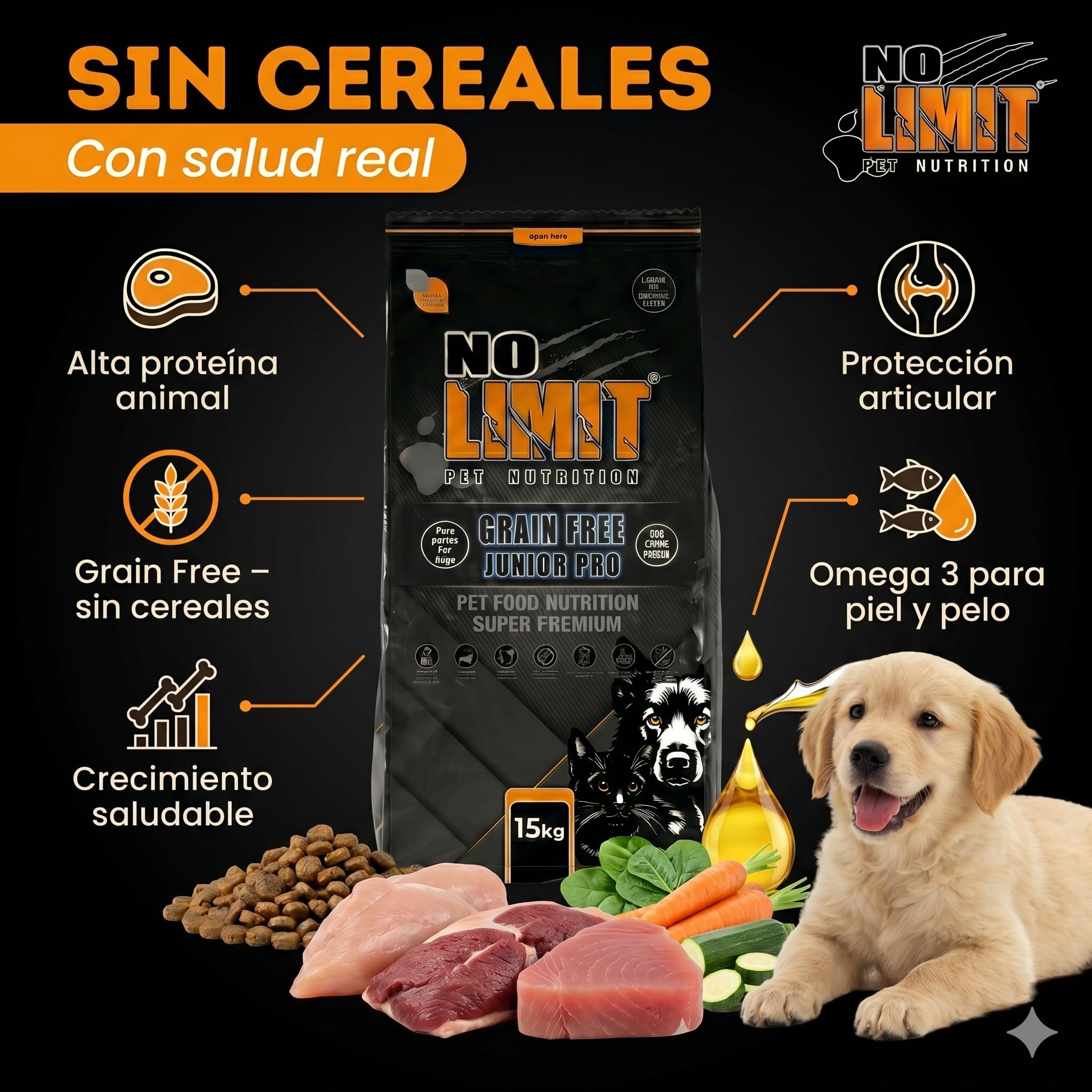 NO Limit Junior Pro Grain Free Puppy – Pienso para Cachorros sin Cereales 15kg – Pienso Perros Cachorros con Pollo, Pato y atún – Comida Natural para Perros en Crecimiento