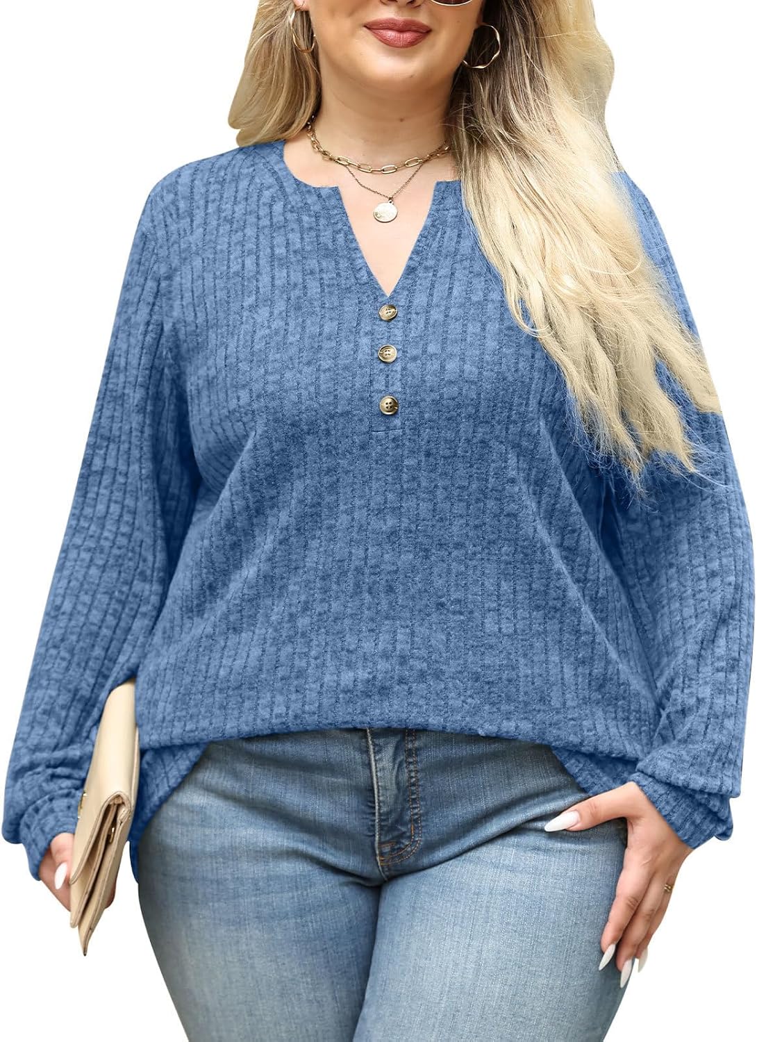 Plus Size Tops for Women Long Sleeve V Neck Button Down Shirts Casual Loose Tunic Sweaters Fall Winter Outfits L-4XL - Image 2