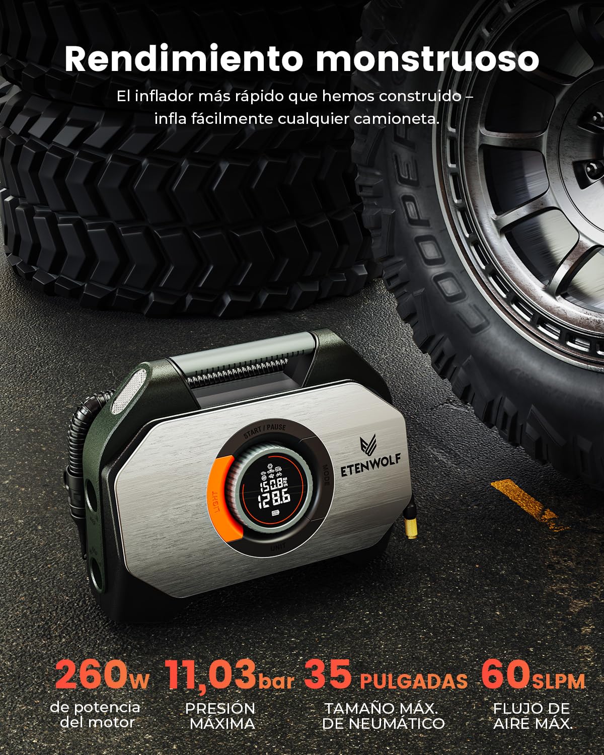 ETENWOLF Vortex S7 Inflador de neumáticos para vehículos pesados, bomba de aire portátil para neumáticos de coche con batería de 11,03 bar y batería de 38400 mAh, bomba de aire inalámbrica con ciclo