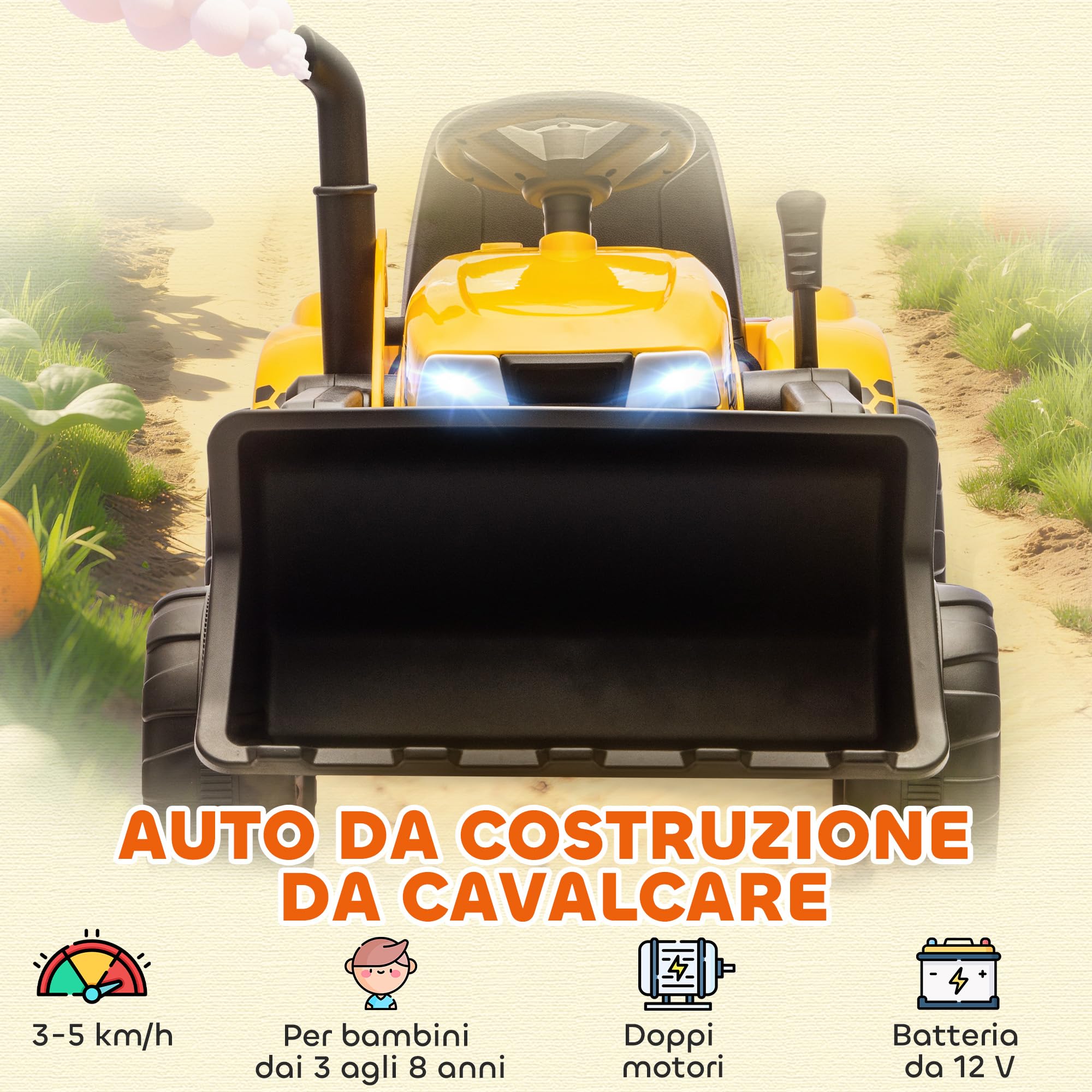 AIYAPLAY Escavatore per Bambini Elettrico 12V con Benna e Rimorchio Staccabile, Trattore Elettrica Cavalcabile con 2 Motori, Telecomando, Connessione Wireless, USB, Luci e Musica, 3-8 Anni, Giallo