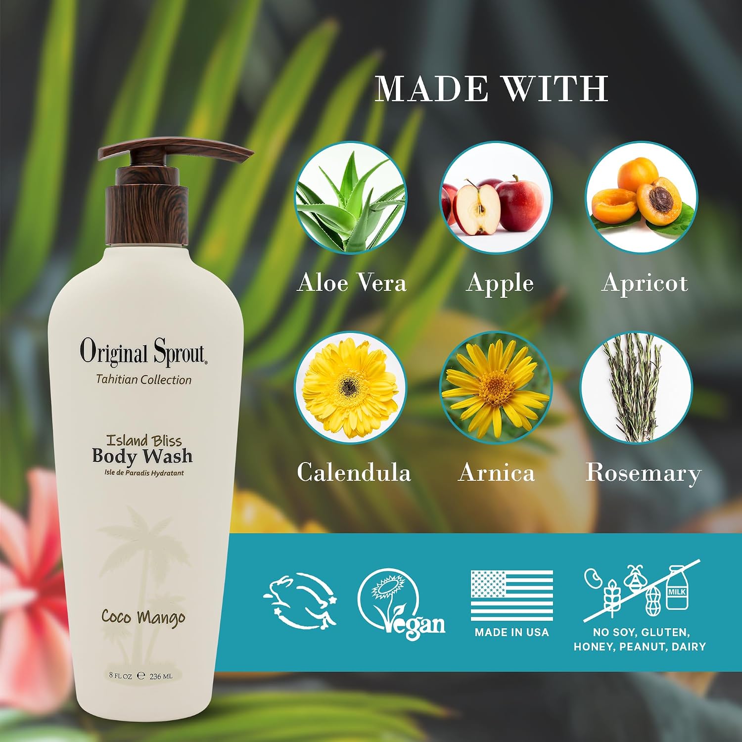 Original Sprout Island Bliss Moisturizing Body Wash for All Skin Types Including Sensitive & Dry Skin, Hydrating Body Wash with Calendula & Rosemary Extracts, Sulfate Free, Coco Mango Scent, 8 fl oz