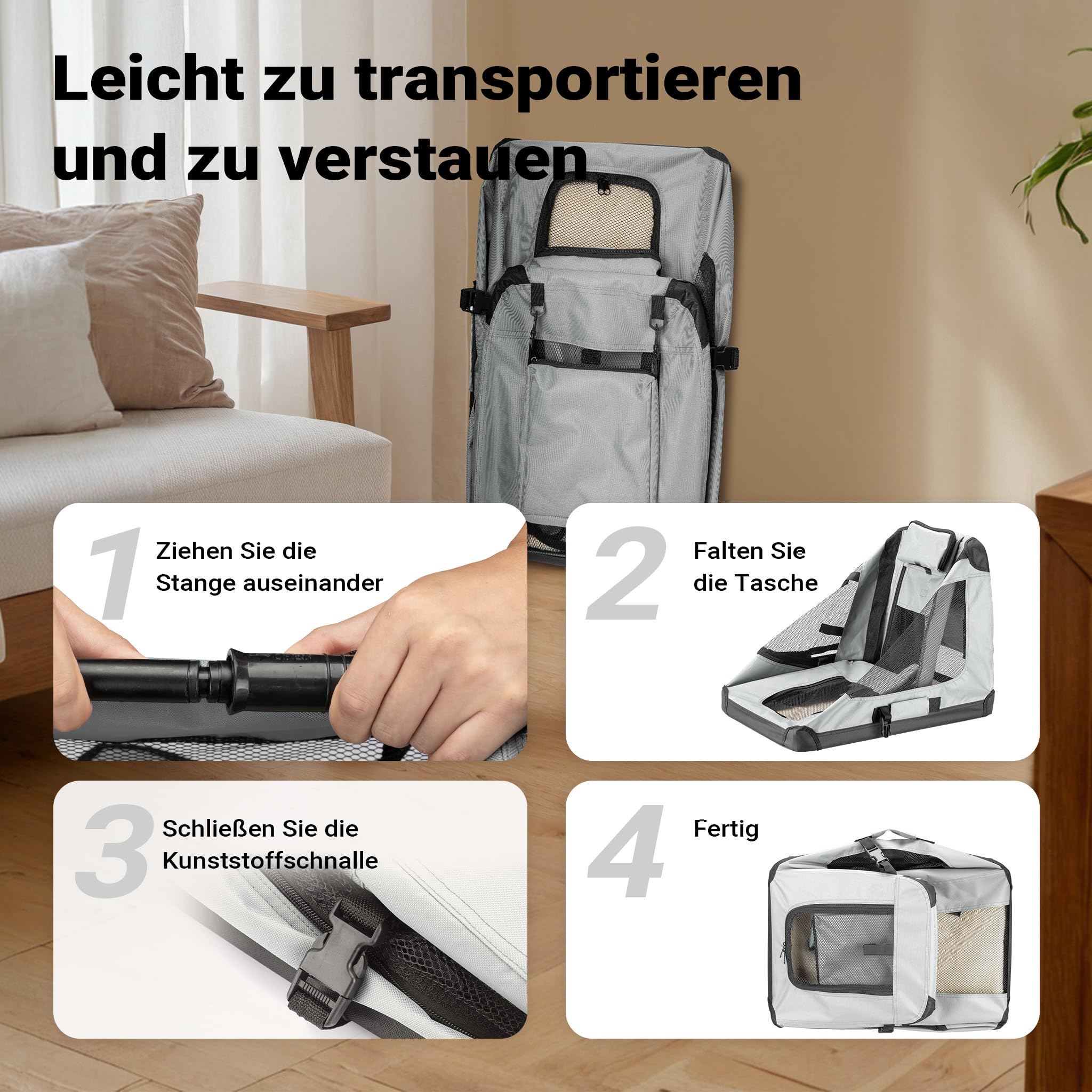 Fudajo Faltbare Transportbox für Hunde, Katzen M (60x42x44cm), robust, leicht, sicher, Hundebox mit Tragegriff und Decke, Grau