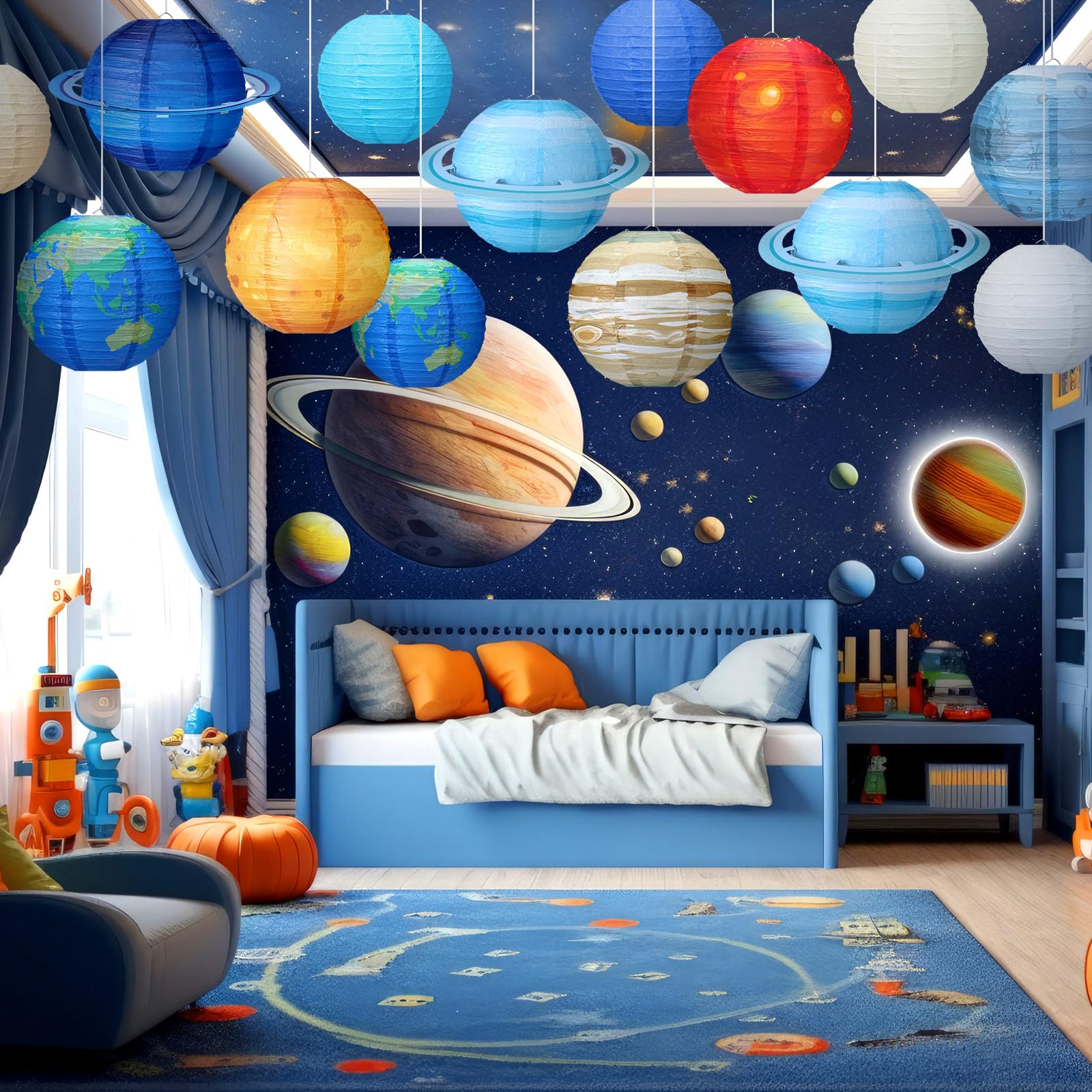 Bencailor 16 Pcs Planet Paper Lanterns Space Party Decorations Globe Hanging Lanterns Around The World Earth Day Travel Paper Lamp for Birthday Classroom Decorations(Blue)