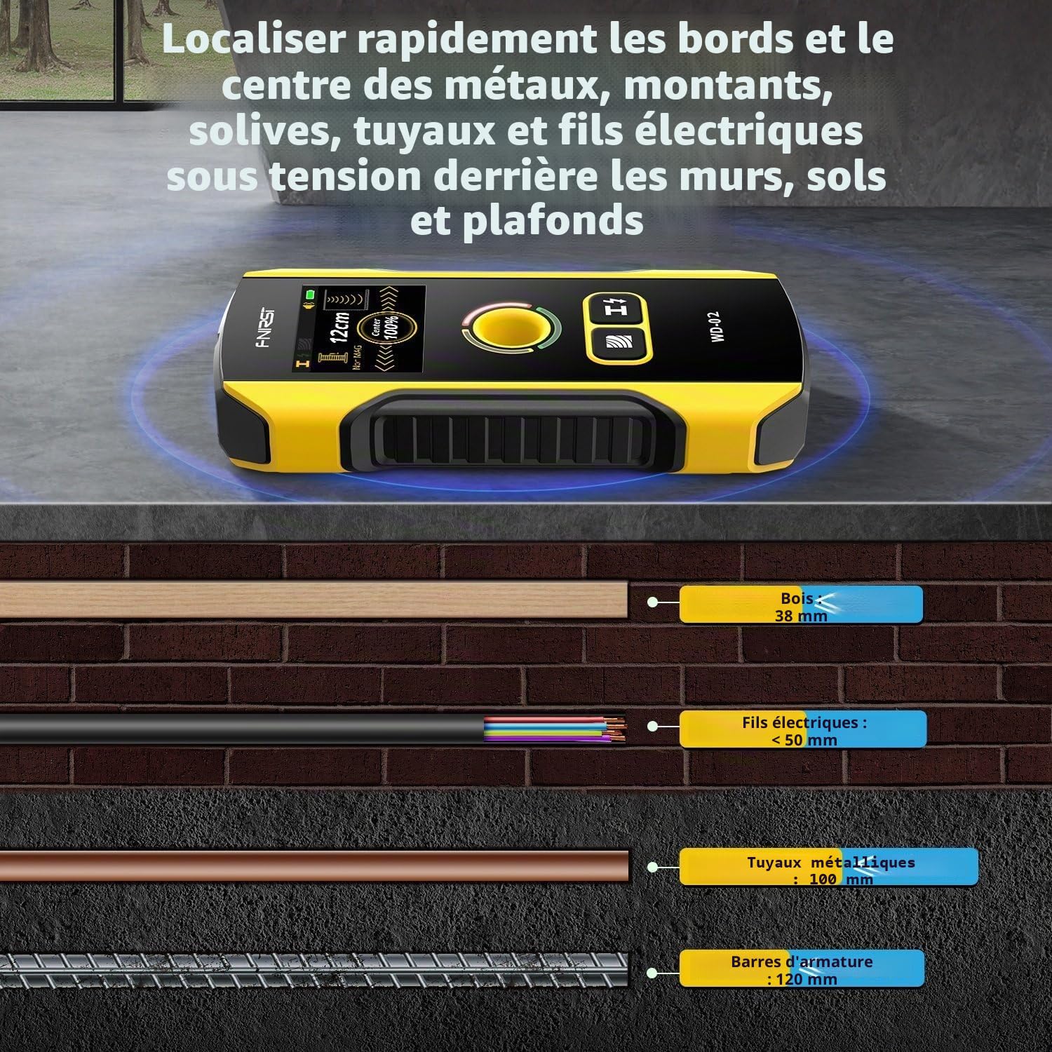 FNIRSI WD-02 Detector de Vigas y Metales con Pantalla TFT, Escáner de Pared para Metales, Cables CA, Madera y Tuberías
