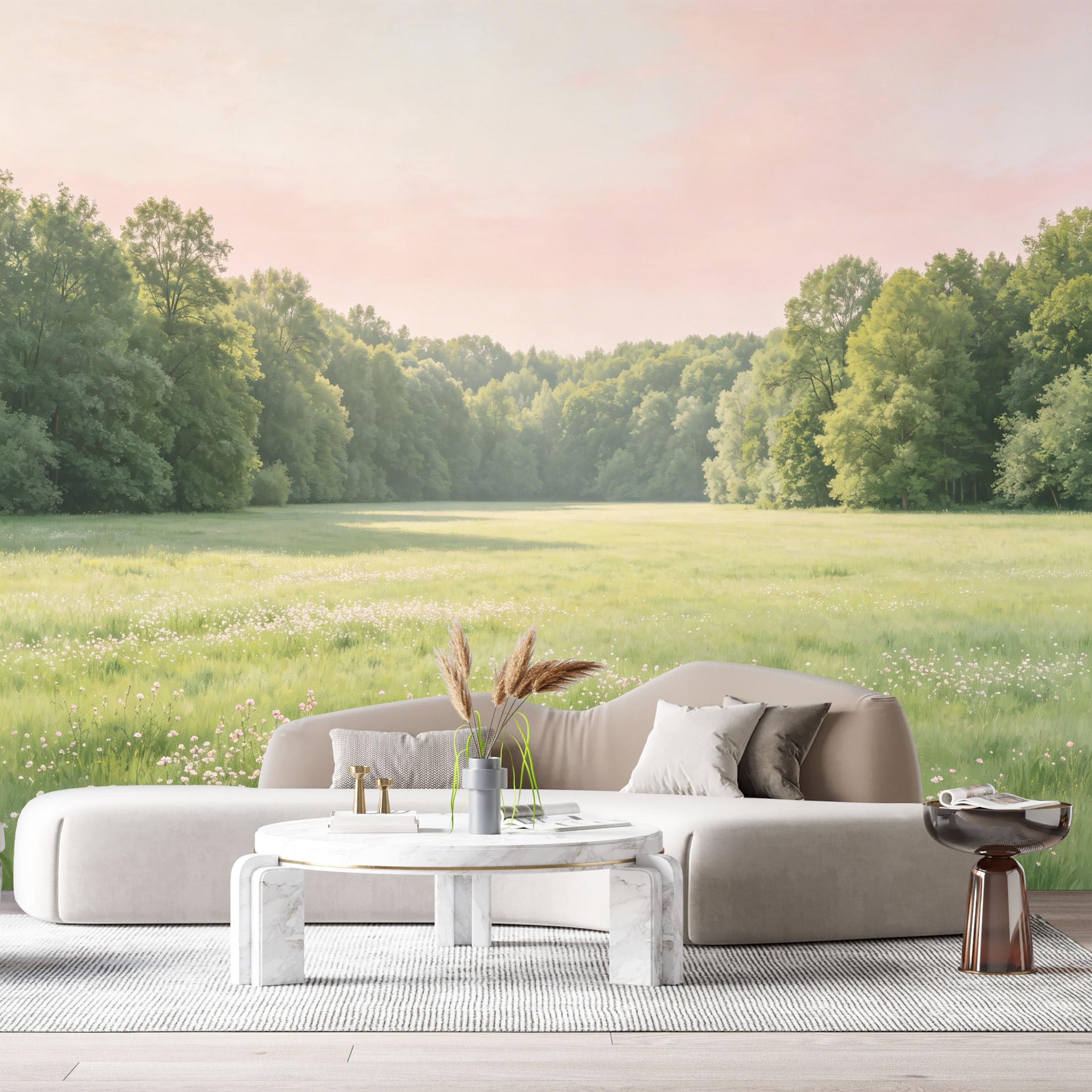 Custom Size Wall Murals Sunrise Meadow Landscape Botanical Trees Field Soft Pink Sky SelfAdhesive Wall Fabric Removable Large Wallpaper for Photo Living Room
