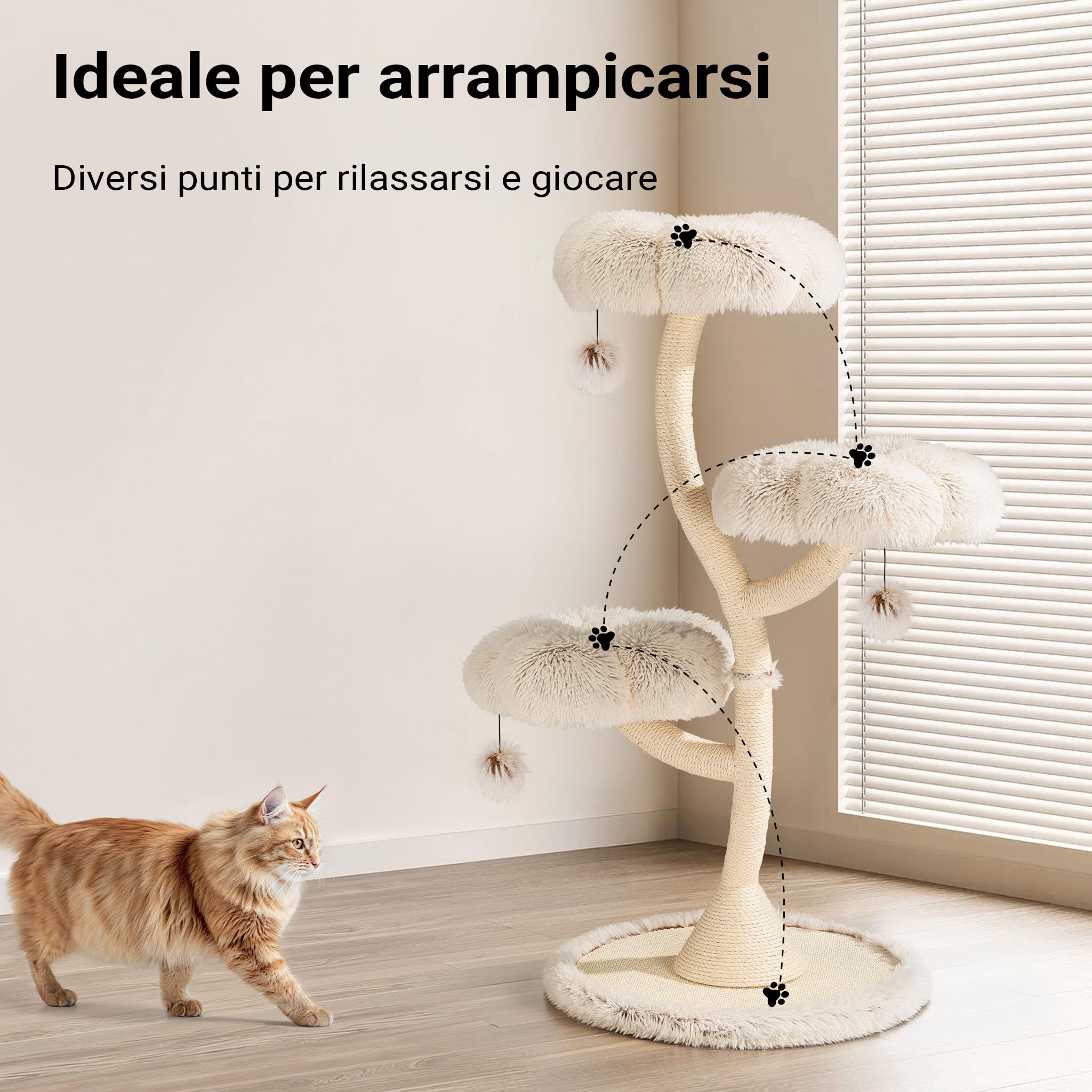 Fudajo Albero tiragraffi per gatti di design con 3 piattaforme, Ø 59 cm, altezza 125 cm, portata max. 15 kg, beige con sisal e peluche, colonna con 3 livelli