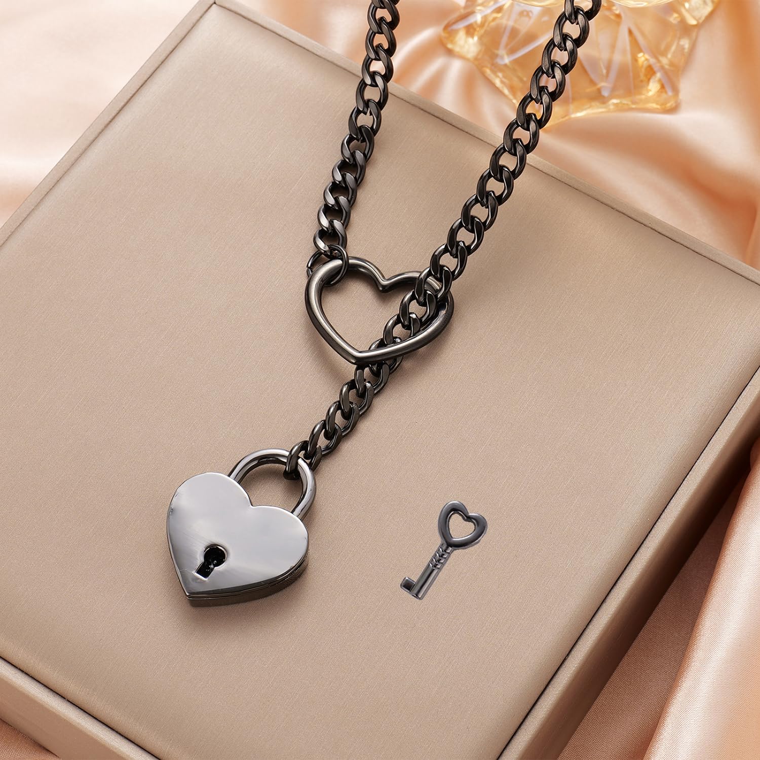 Black Stain Steel Slip Chain Necklaces Gothic Cuban Chain Bar Necklace Punk Rock Collar Necklace Handmade Adjustable Lariat Y Necklaces Halloween Jewelry Gift for women: Heart Lock