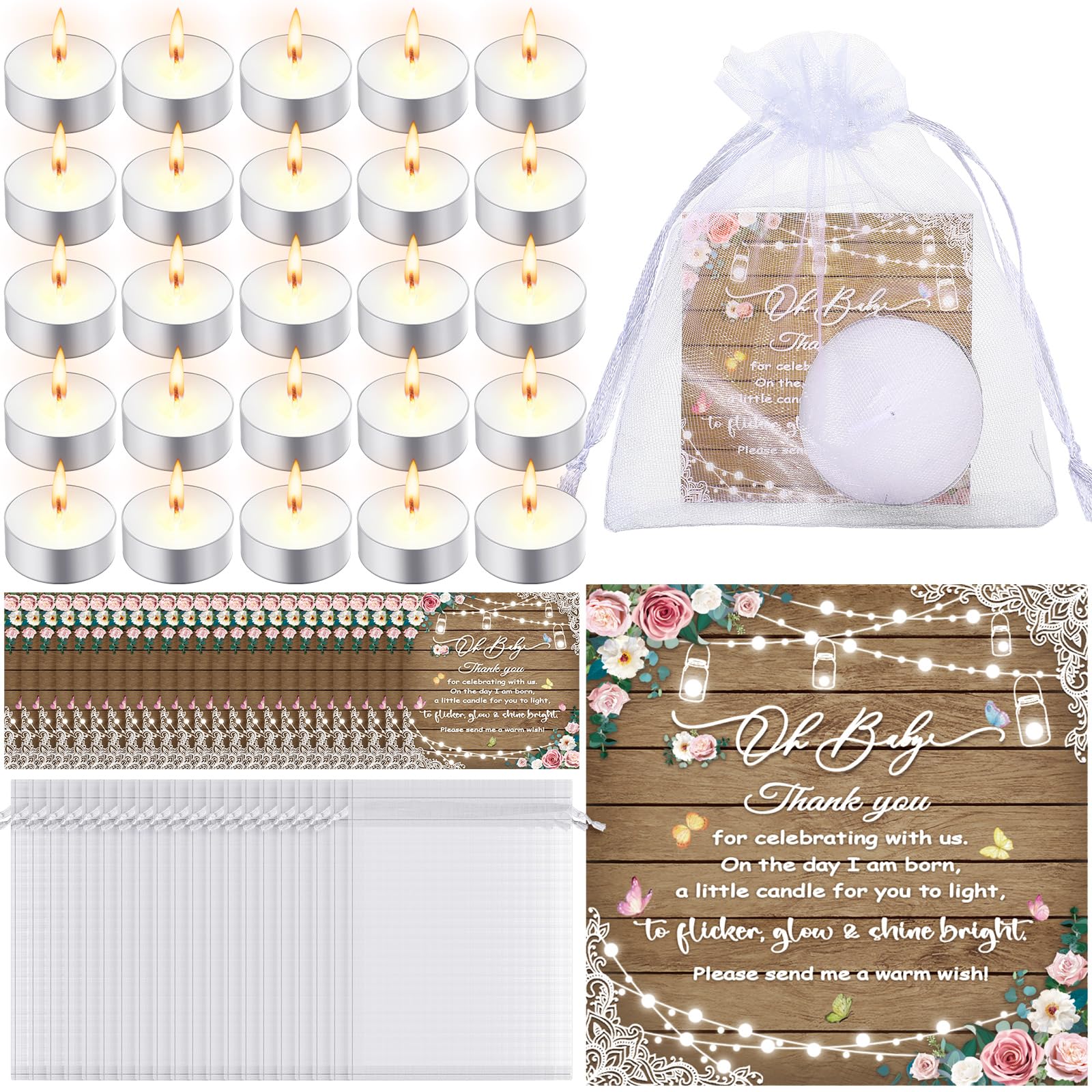 Threlaco 150 Pcs Baby Shower Party Favors for Guests Rustic Wood Baby Shower Gifts Include 50 Tea Light Candles 50 Rustic Floral Thank You Cards 50 Return Gift Bags for Gender Reveal Party Supplies