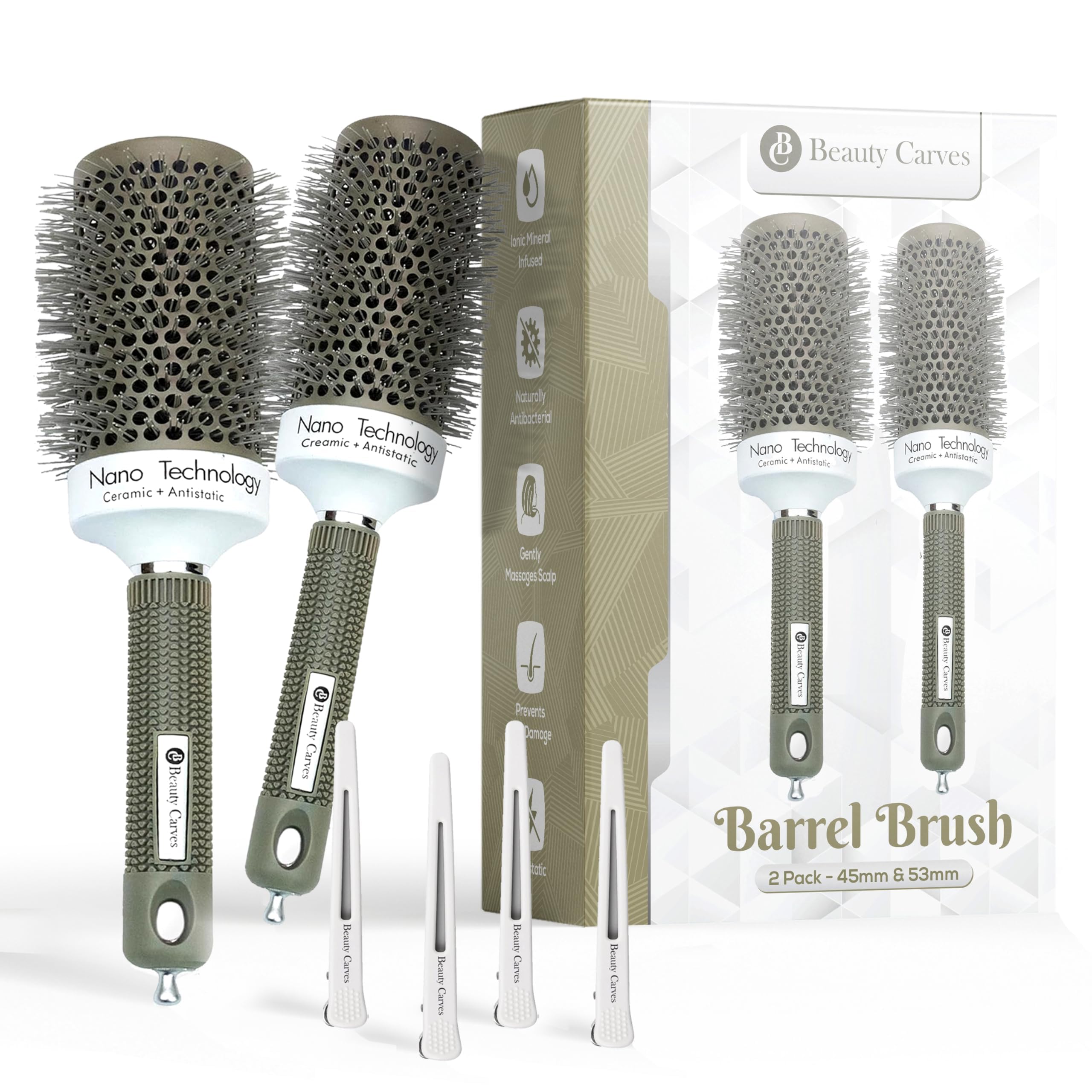 Juego de cepillos redondos, cepillos de 45 y 53 mm con 4 clips, cepillo redondo para soplar con nailon flexible, 66 cerdas, tecnología nano iónica resistente al calor para rizar, peinar
