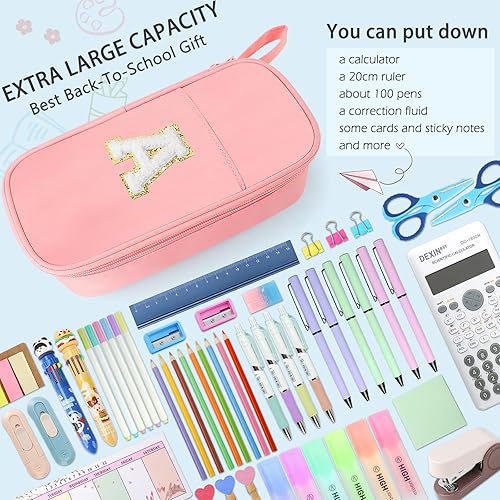 Miniatura 6 de Estuche para lápices extragrande, bolsa de gran capacidad, bolsa de lápices personalizada con inicial con cremallera suave, múltiples bolsillos,