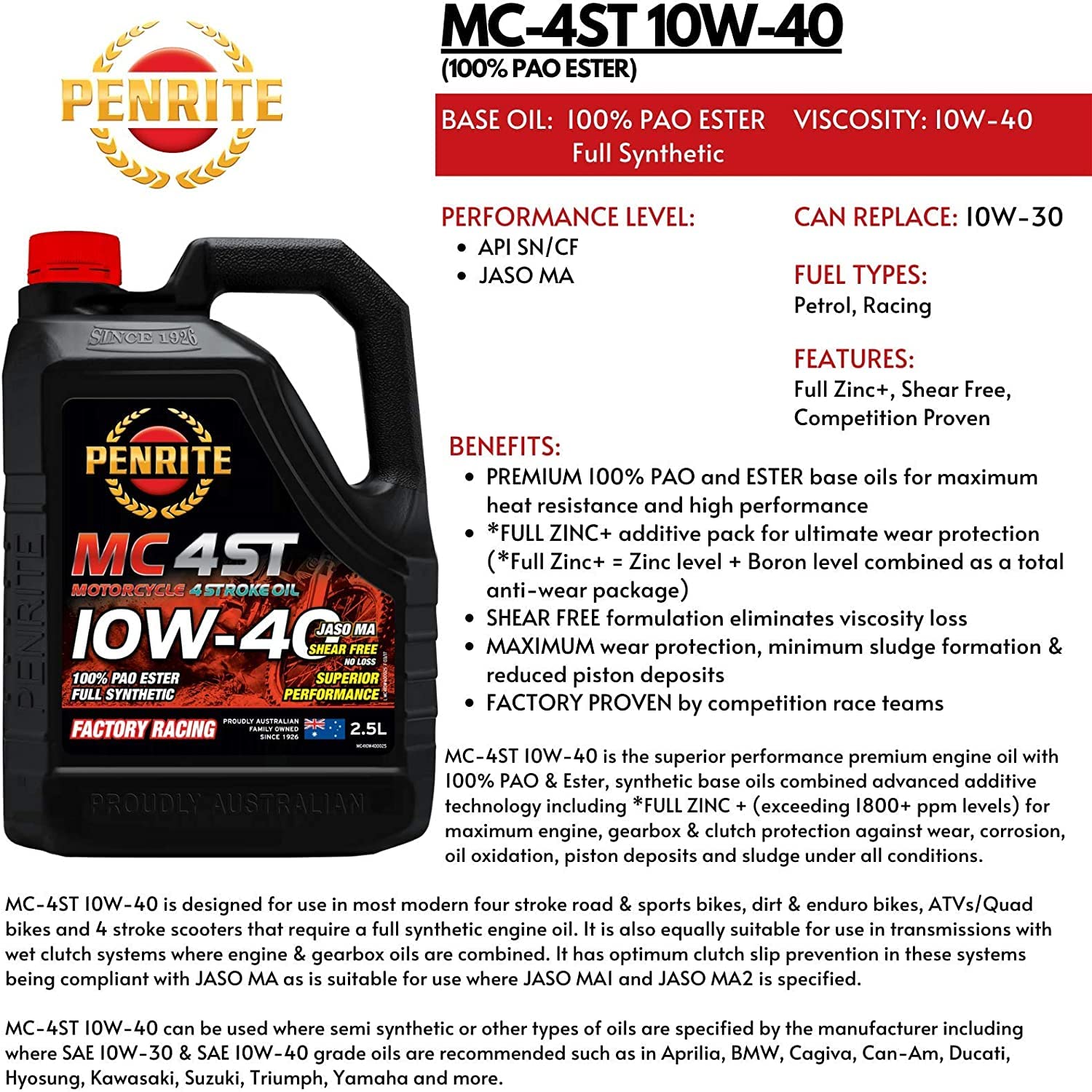 Penrite MC4-ST 10W-40 Olio per Moto Completamente Sintetico | 100% PAO & Ester | Il Più Potente Premium Olio Motore per Motori a 4 Tempi | Massima Protezione per Motore, Cambio e Frizione (4 Litri)