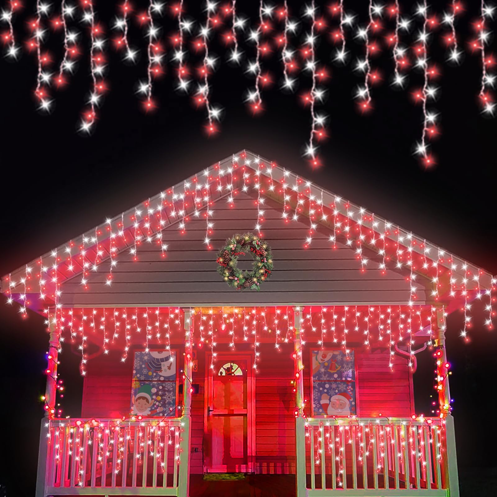 800 LED Icicle Lights Red and White