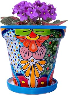 Handcrafted Talavera Mexican Pottery Planter Turquoise Medium 6"x5.5" Ceramic Pot Indoor Outdoor Drainage Saucer