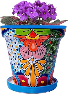 Mexican Pottery Planters - Talavera Planter - Mexican Yard Pottery - Ceramic Pots for Plants Indoor & Outdoor with Drainage Hole and Saucer - 6” W x 5.5” H (Turquoise-Medium)
