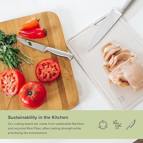 Miniatura 4 de KitchenEdge Tabla de cortar de bambú con tabla de cortar de fibra de arroz anidada para preparación de cocción, juego de cocina de 2 piezas, pies de