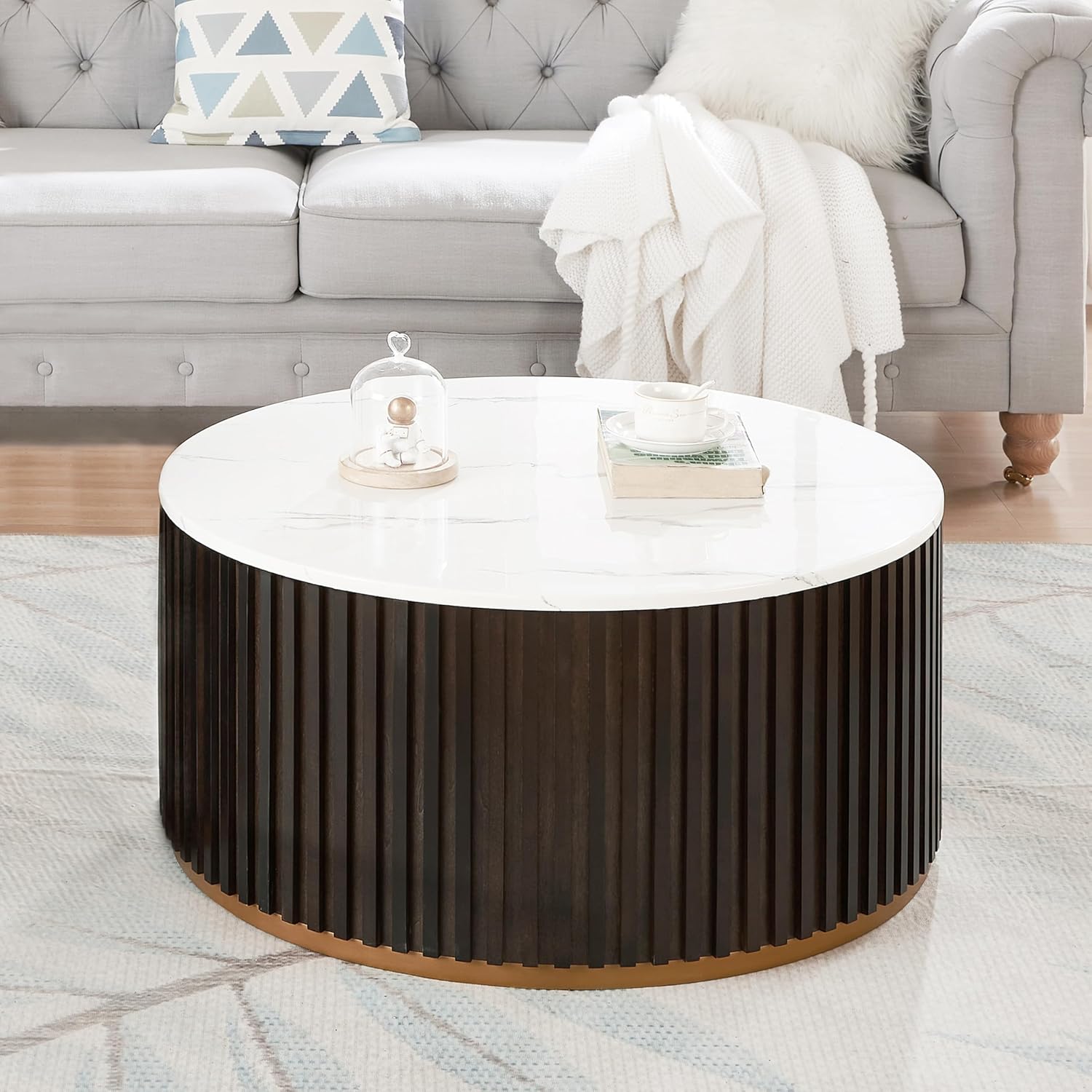 DSHOMEPORT Round Wood Coffee Table with Lid ＆ Hidden