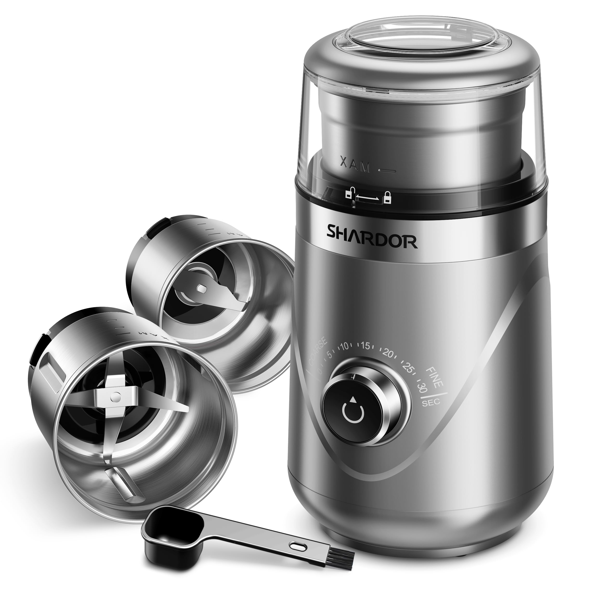 Photo 1 of SHARDOR Electric Super Silent Blade Coffee Grinder, Timed Grind Control Rotary Knob, Adjustable Coarse to Fine for Coffee Beans, Spices & Herbs, with 2 Removable Stainless Steel Bowl, Sliver