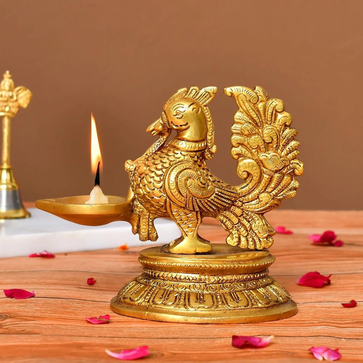 LOVENSPIRE Brass Peacock Diya Annam Deepak Idol Oil Lamp Deepam with Base for Home Temple Mandir Office Diwali Decoration Kathu Vilakku Puja Diya - Deepawali Housewarming Return Gift