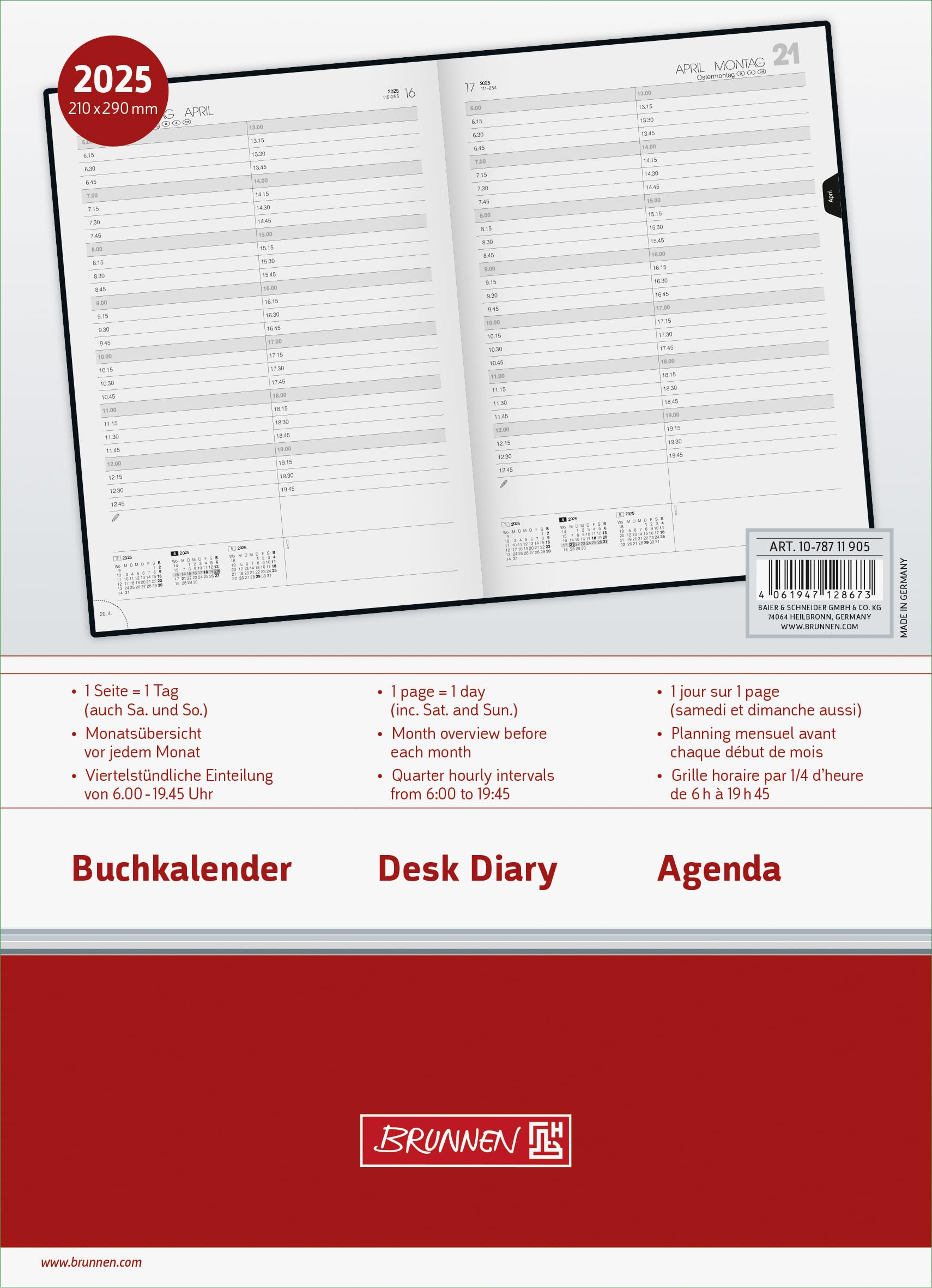 BRUNNEN Book calendar model 787 (2025), 1 page = 1 day, A4, 416 pages, foam film cover, inner hard film, black - Image 2
