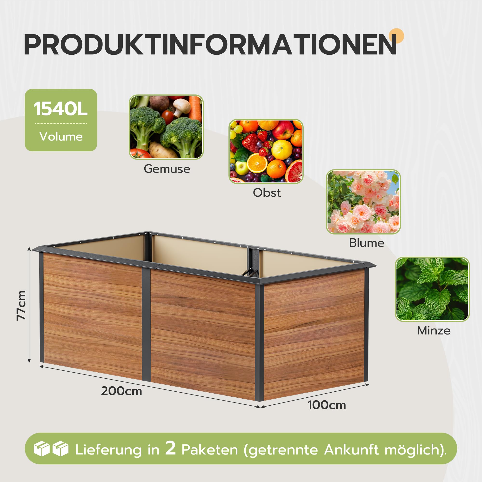 Amopatio Hochbeet Metall 200x100x77 cm Holzoptik, 1 mm Zink-Aluminium Pflanzbeet, 1540L Stabil Gemüsebeet, Wetterfest Gartenbeet Pflanzkasten Kräuterbeet für Outdoor & Balkon, Braun