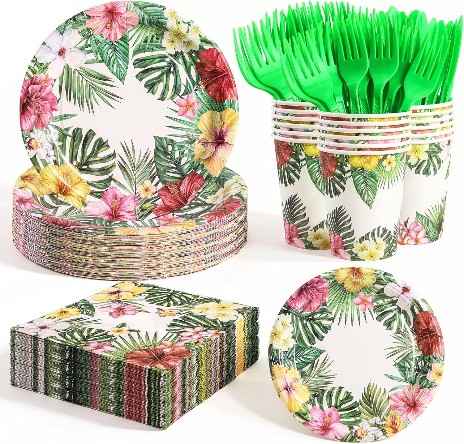 280Pcs Hawaiian Luau Party Decorations, Tropical Hibiscus Floral Party Supplies - Hawaiian Plates and Napkins Set for Luau Birthday BBQ Pool Beach Party, Hawaii Tableware for 40 Guests