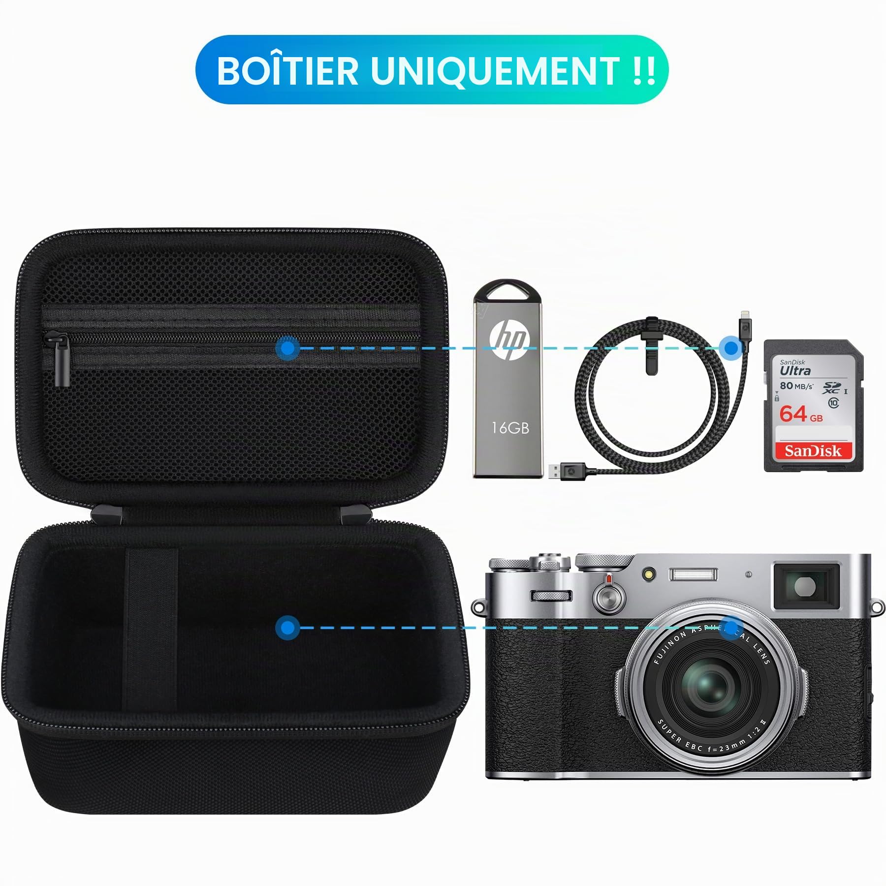 BOVKE Étui de Transport pour Fujifilm X100VI X100V X-E5 Appareil Photo Numérique, Poche en Maille, Noir