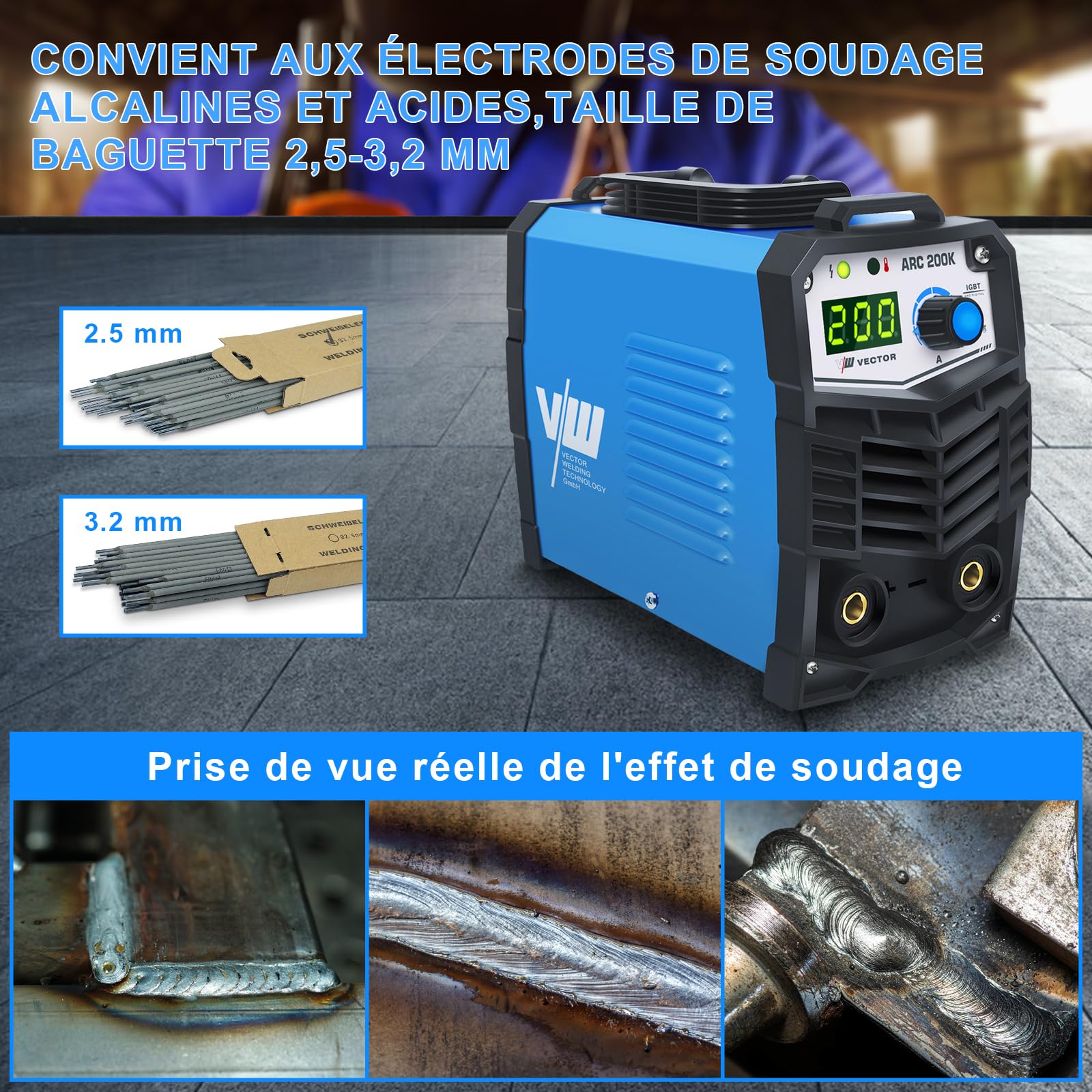 VECTOR Poste à Souder à l'Arc 200A Poste a Souder Inverter MMA Appareil de soudage à électrodes Soudure