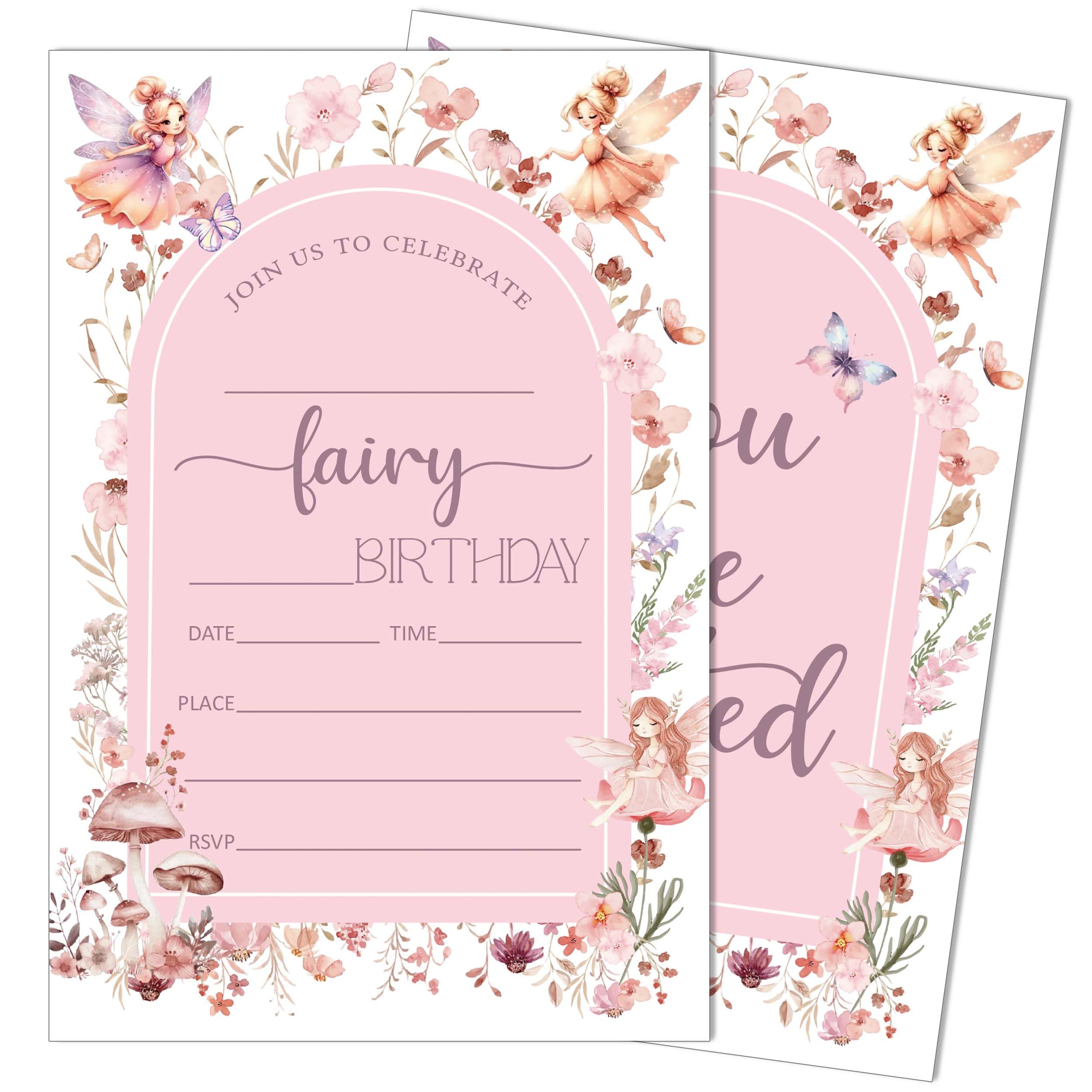 SIXEIGHT Fairy First Birthday Party Invitations, 1st Birthday Party Supplies, 20 Fill-in Style Birthday Party Invitations with Envelopes for Girls