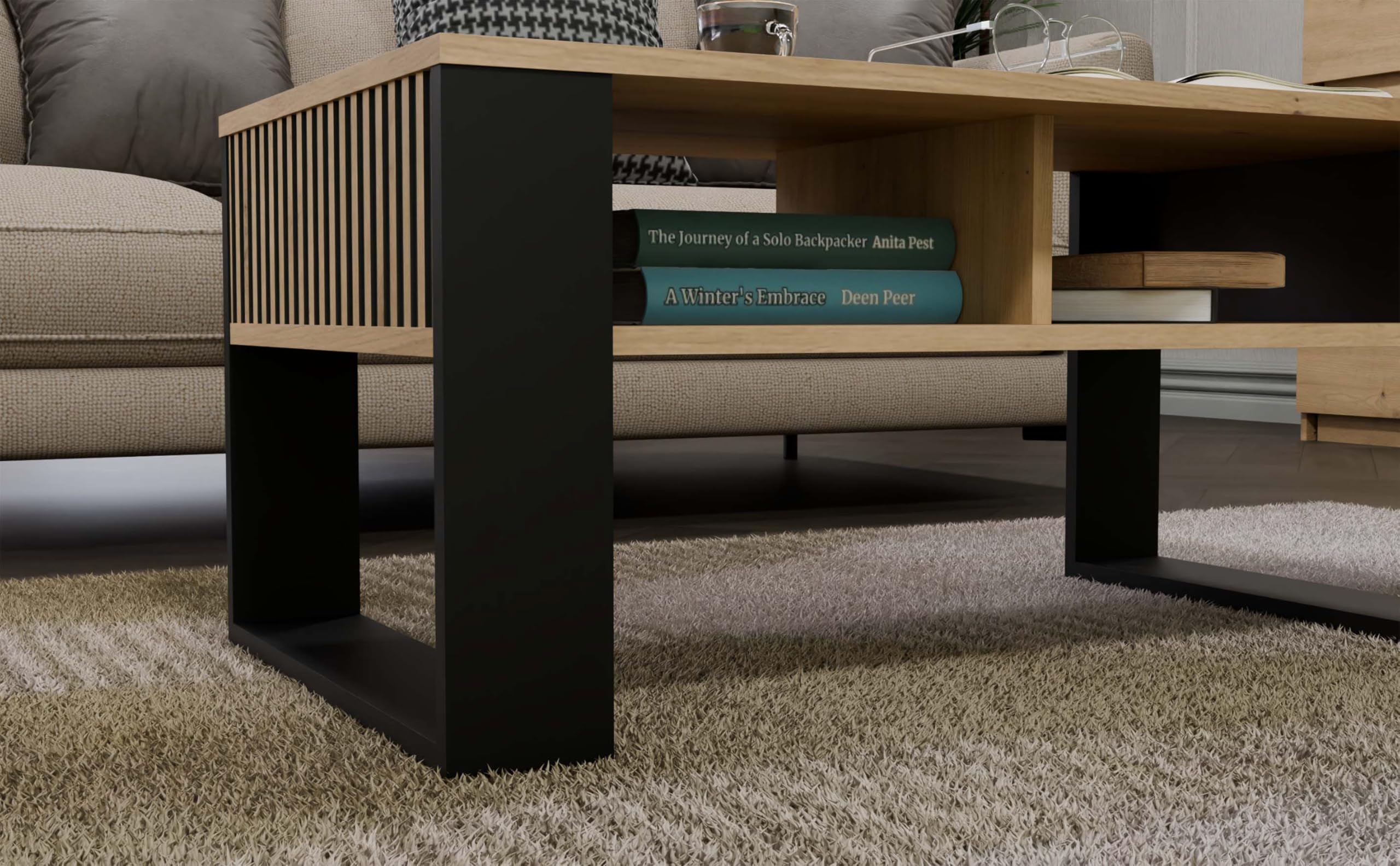 CDF Moderner Couchtisch mit Lamellen-Optik Wohnzimmertisch mit 2 Ablagen, Loft Beistelltisch Kaffeetisch Geriffelt & Kratzfest, 90 x 58 x 50 cm - Eiche Artisan/Schwarz