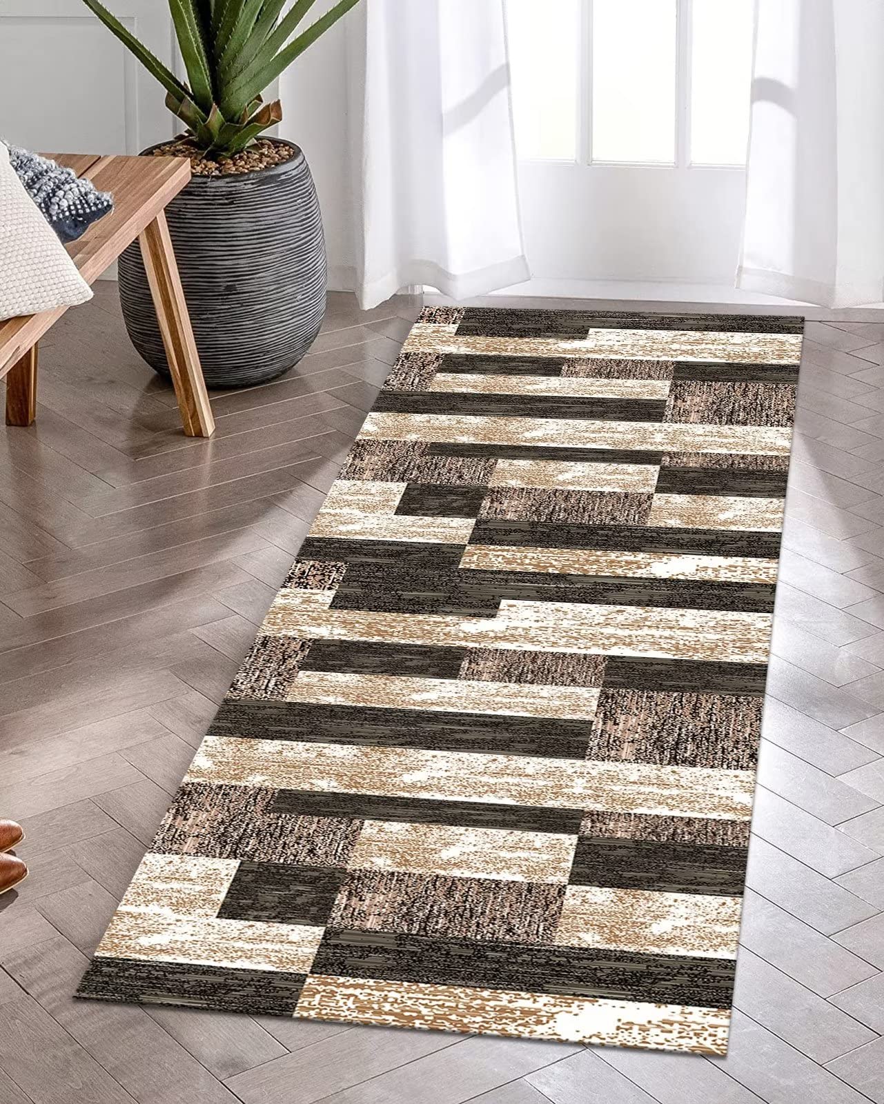 Waschbarer Läufer-Teppich – Abstraktes Design, Beige/braun, Rutschfeste Unterseite, Niedriger Flor, Für Flur & Zimmer