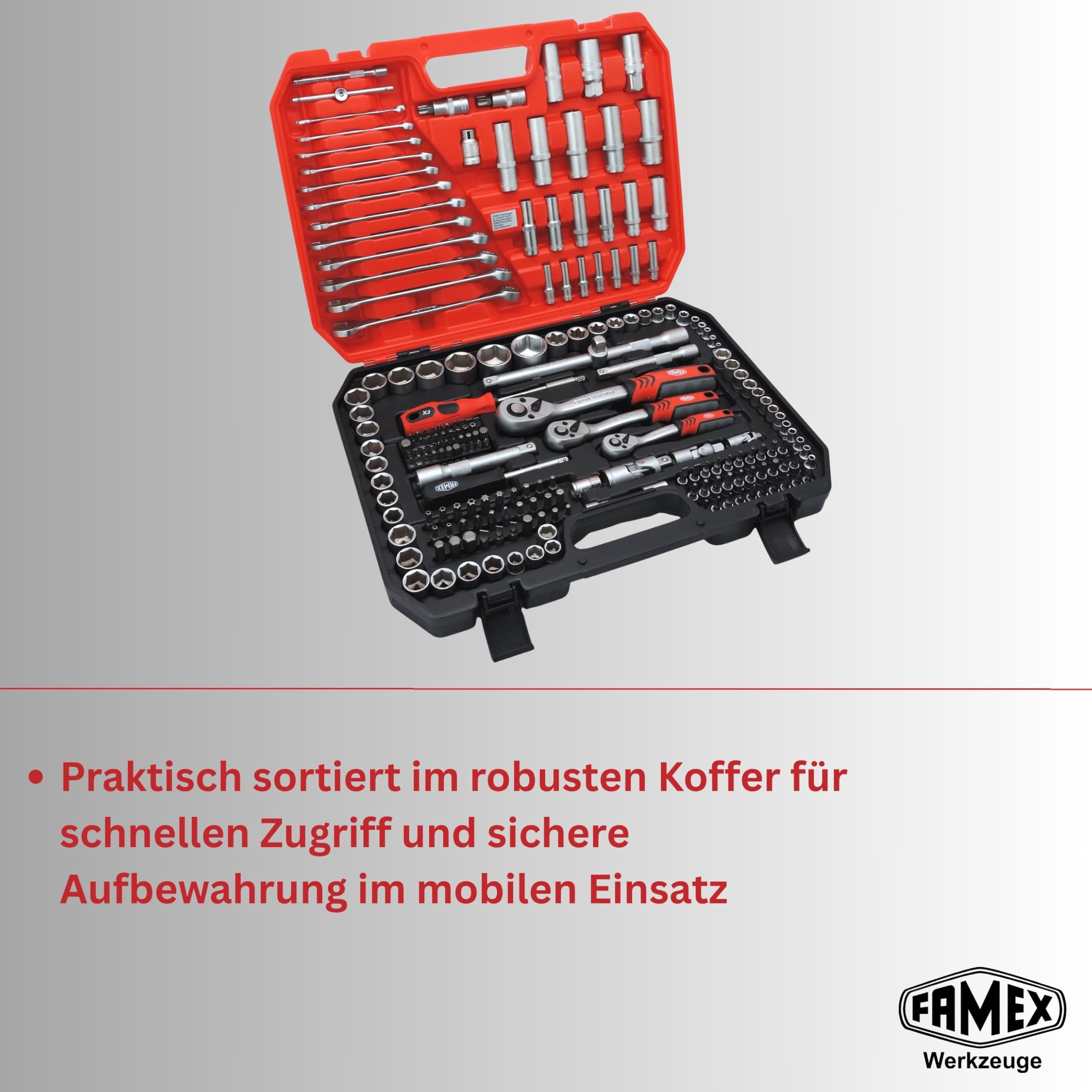 FAMEX 555-50 Steckschlüsselsatz 219-tlg. - 1/4 Zoll, 3/8 Zoll, 1/2 Zoll - alle Werkzeuge CV-Stahl - Werkzeug Set mit 3 Feinzahnknarren - Ratschenkasten, Ring-Maulschlüssel DIN 3113, Stecknüsse, Bits