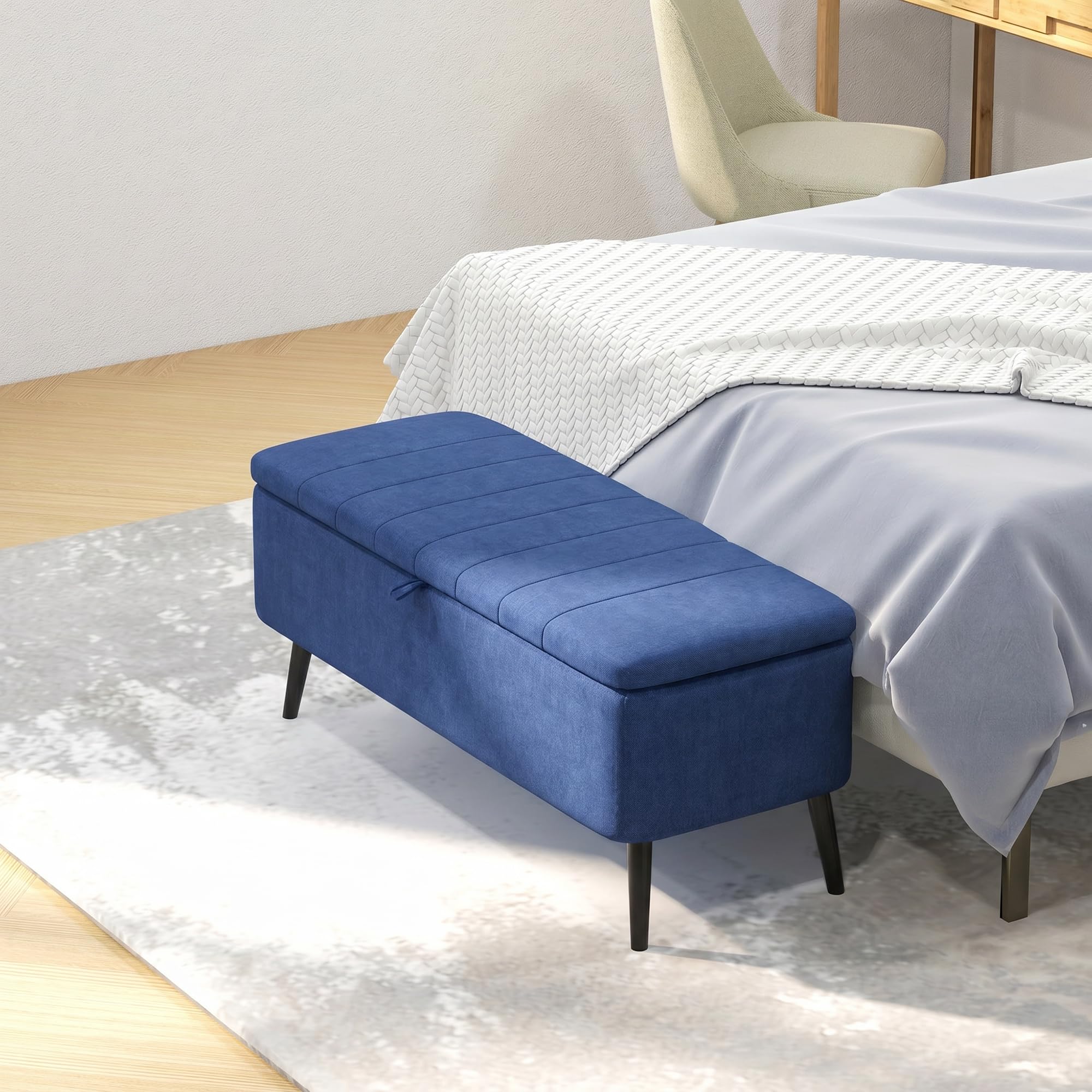 HOMCOM Panca Contenitore Rettangolare con Seduta Imbottita e Gambe in Acciaio, Pouf Poggiapiedi in Tessuto Effetto Lino per Camera da Letto e Soggiorno, 102x40x44 cm, Blu Scuro