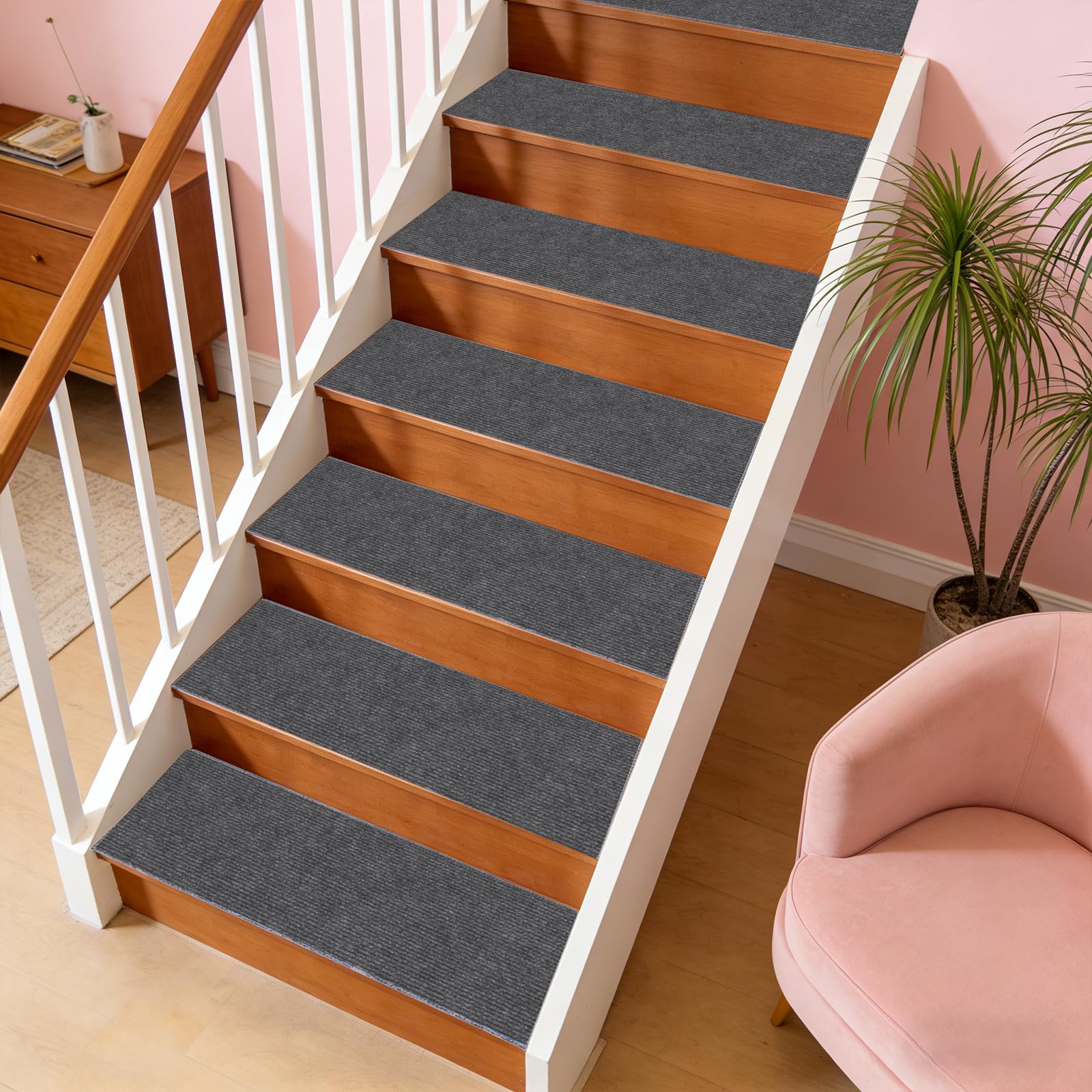 Stufenmatten 23 x 60 cm Selbstklebend Und Antirutsch, Kuschlig Weichem Flor, Zuschneidbar, Wiederverwendbarer 5 x Teppich Treppenstufen, Stufenmatten Treppen für Alle Arten von Treppen, D