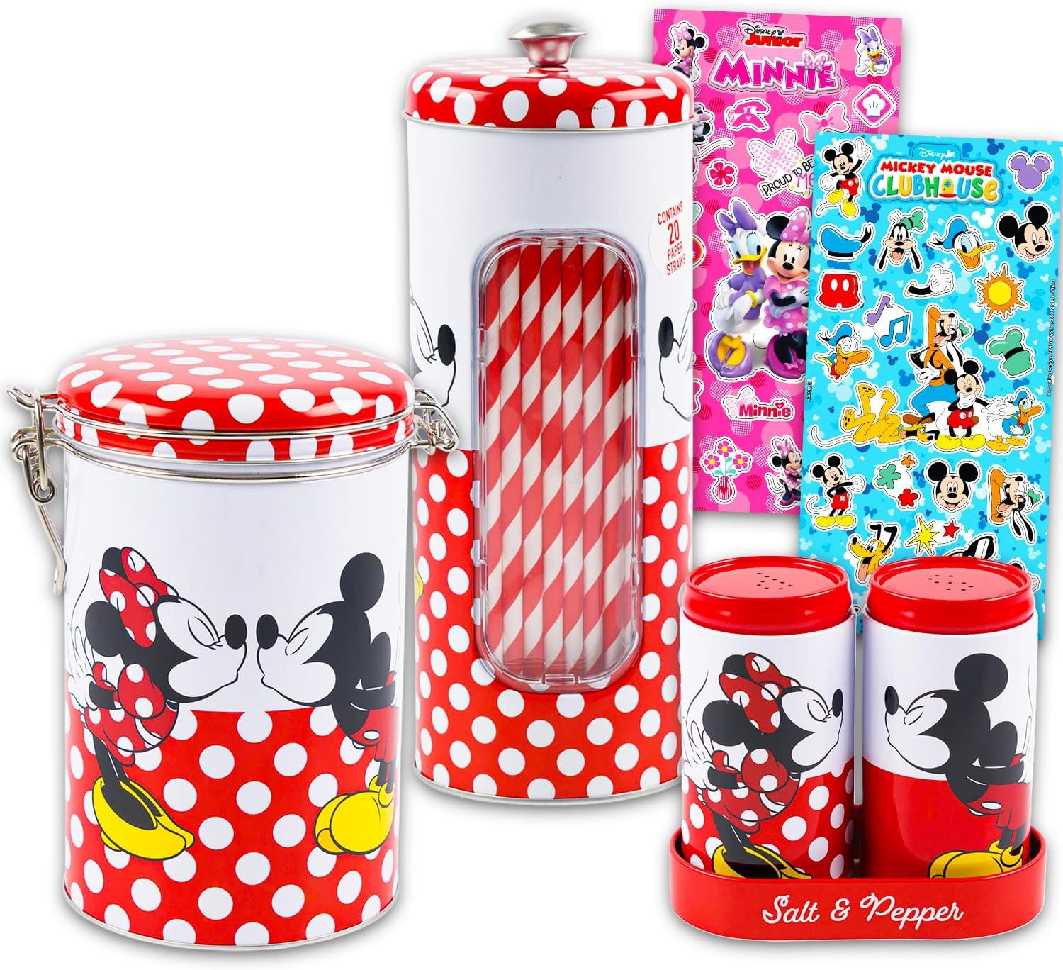 Mickey and Minnie Kitchen Decor Set - Bundle with Mickey Mouse and Minnie Cookie Jar, Salt and Pepper Shakers, Straw Holder, More Plus Stickers | Disney Kitchen Accessories