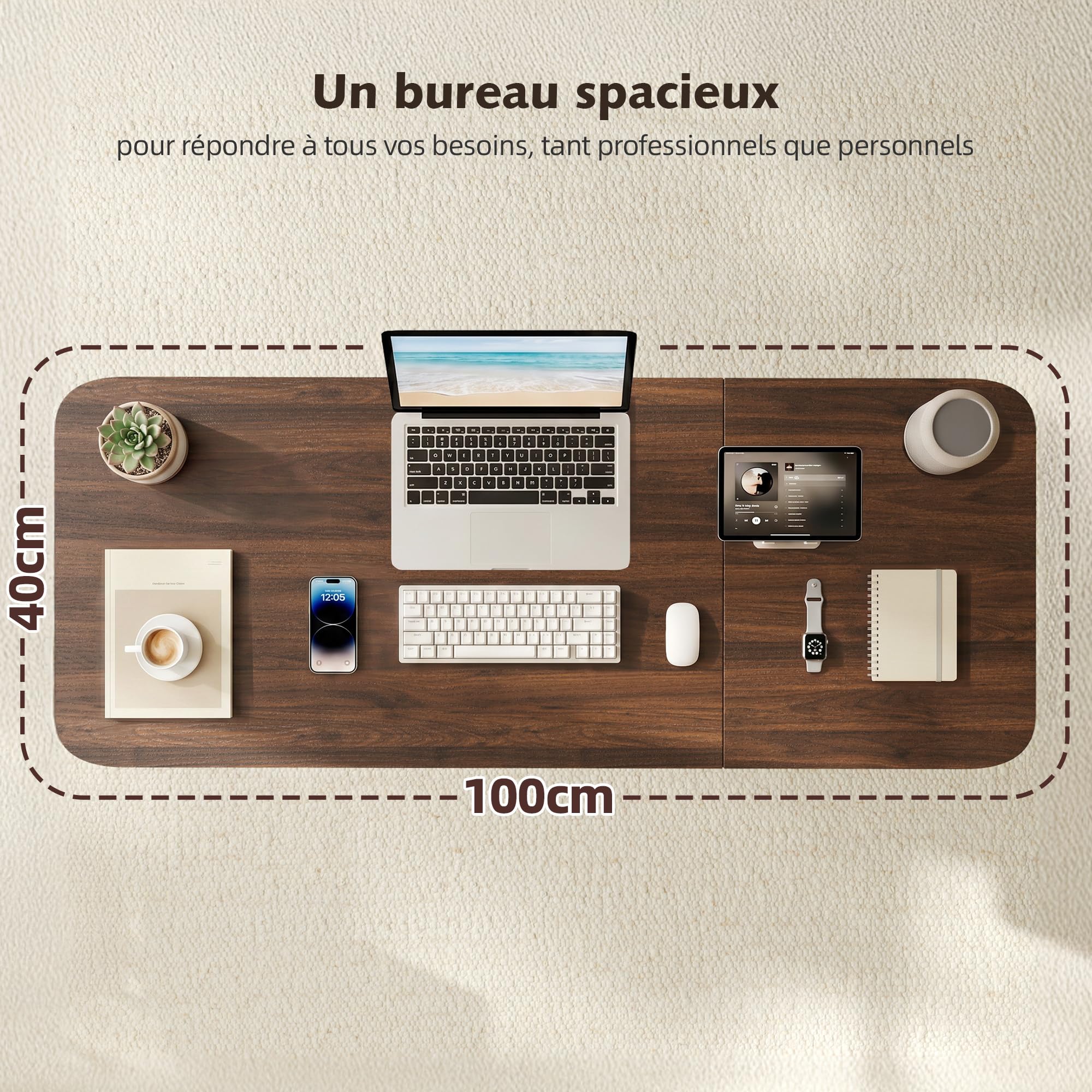 Table Lit Réglable Hauteur, Grande Surface 100cm, avec roulettes Freins, Vérin Pneumatique, Table d'Ordinateur, Bureau Forme C Robuste, Table Canapé Mobile pour Salon, Office,Couleur Noyer