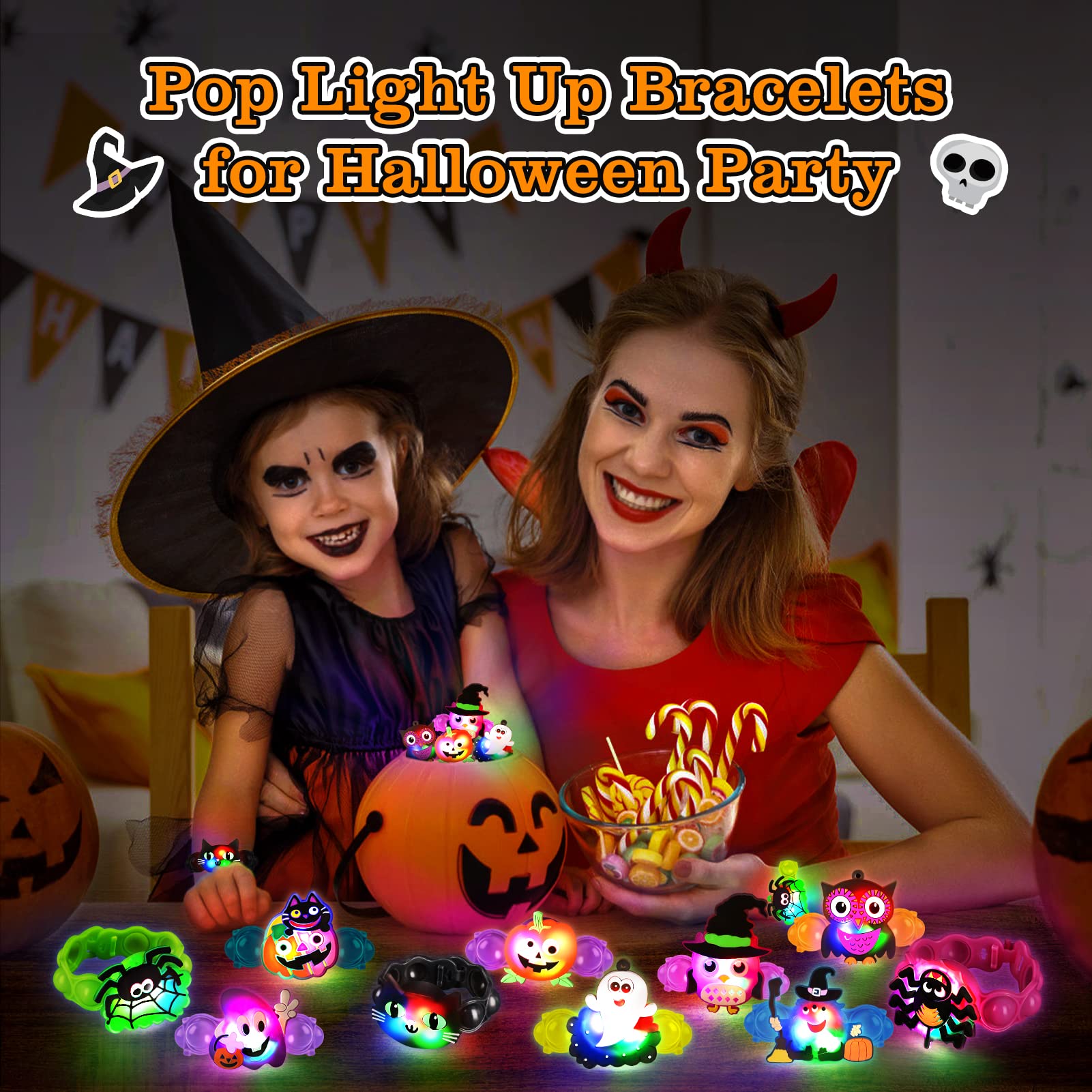 Halloween Light Up LED Bracelets 10 Pack Halloween Party Favors for Kids, Pop Halloween Bracelets Glow in The Dark Party Favors Halloween Trick Or Treat Toy Goodies Flashing Bag Stuffers Bracelets