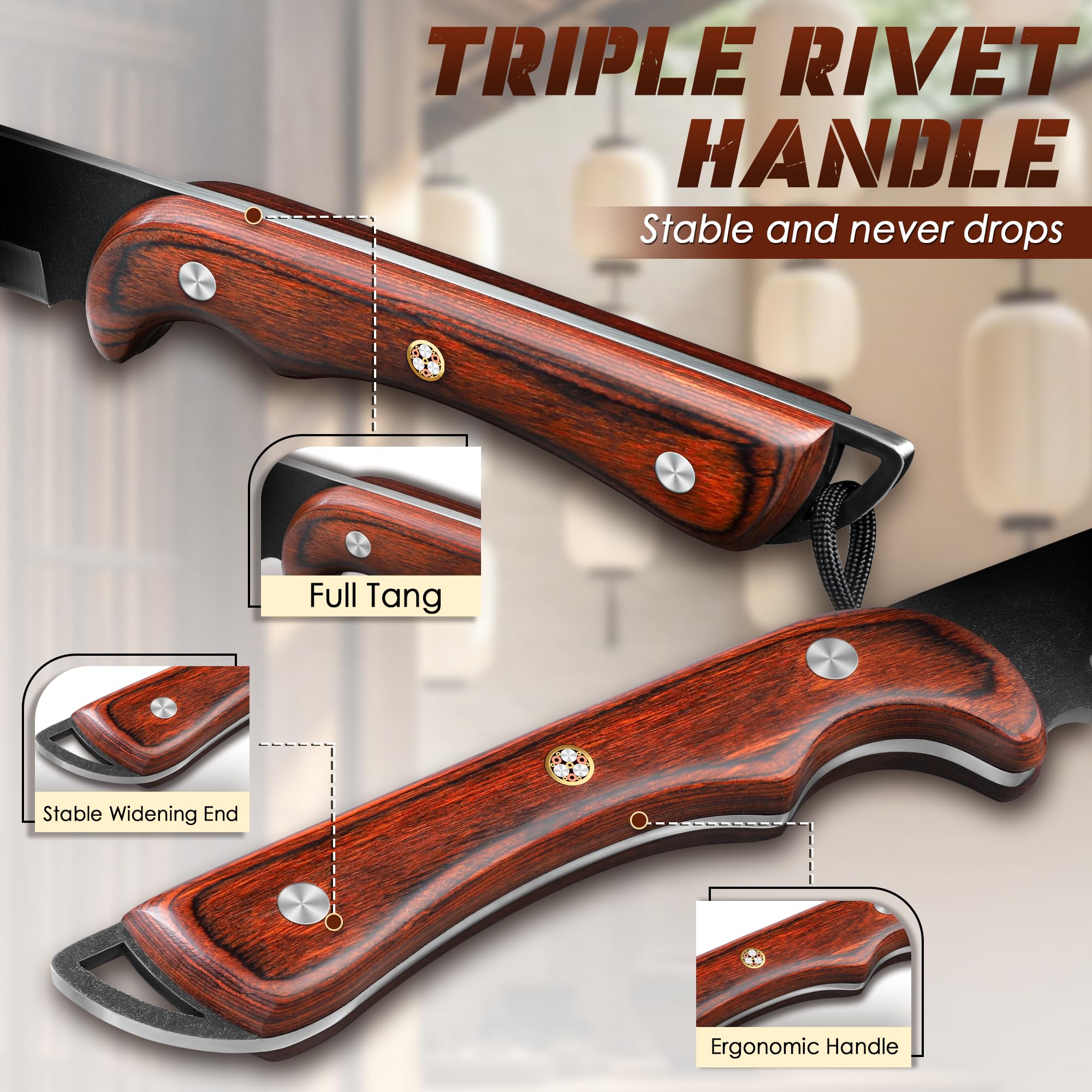 Japanische Machete Scharf Outdoor Survival | 30cm Hochgekohltem Stahl Fulltang-Design, Ergonomie Holzgriff & Nylonscheide – Bushcraft Messer für Garten, Wandern & Gartenarbeit,Geschenk