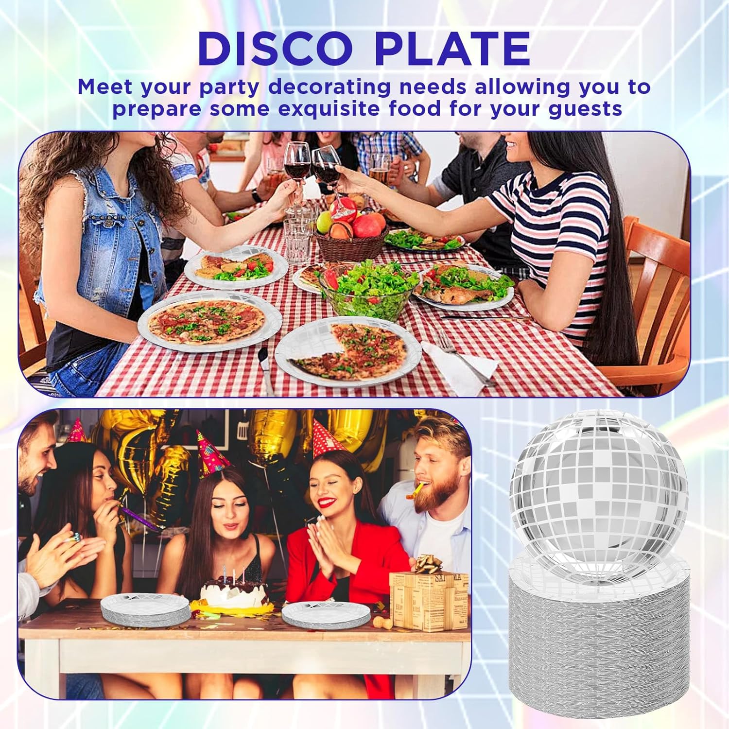 Tobeelec 100 Pcs 9 Inch Disco Plates Silver Paper Plates 70s Party Decorations Disposable Disco Dessert Dinner dish Dancing Queen Cowgirl Party Decorations for New Year's Eve Supplies 2025 - Image 4