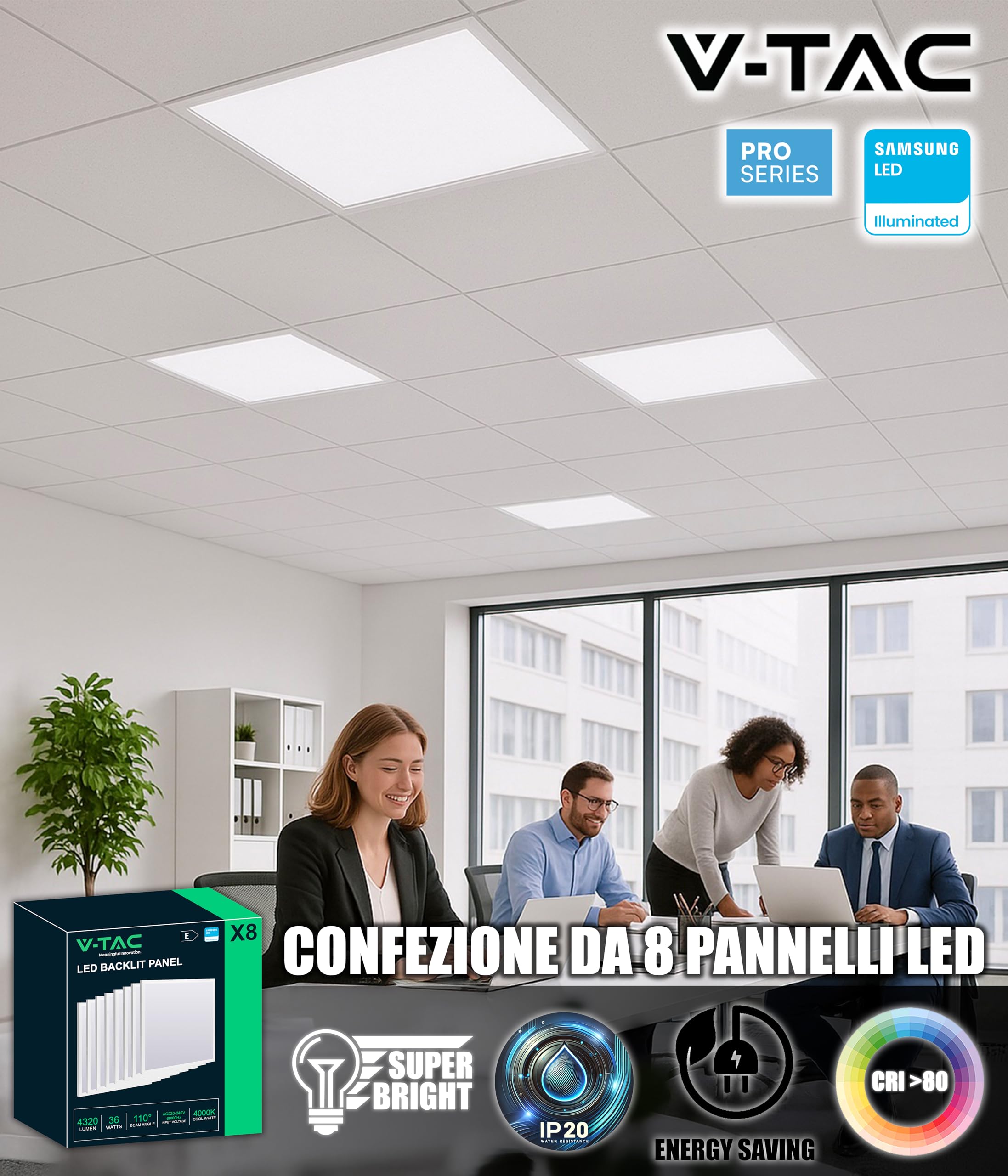 V-TAC 8x Pannelli LED da Incasso 36W - Chip Samsung - Lampada Quadrata 60x60 cm - 4320 Lumen - IP20 - per Soffitto, Ufficio, Casa, Negozio - Plafoniera - Luce 4000K Bianca Naturale
