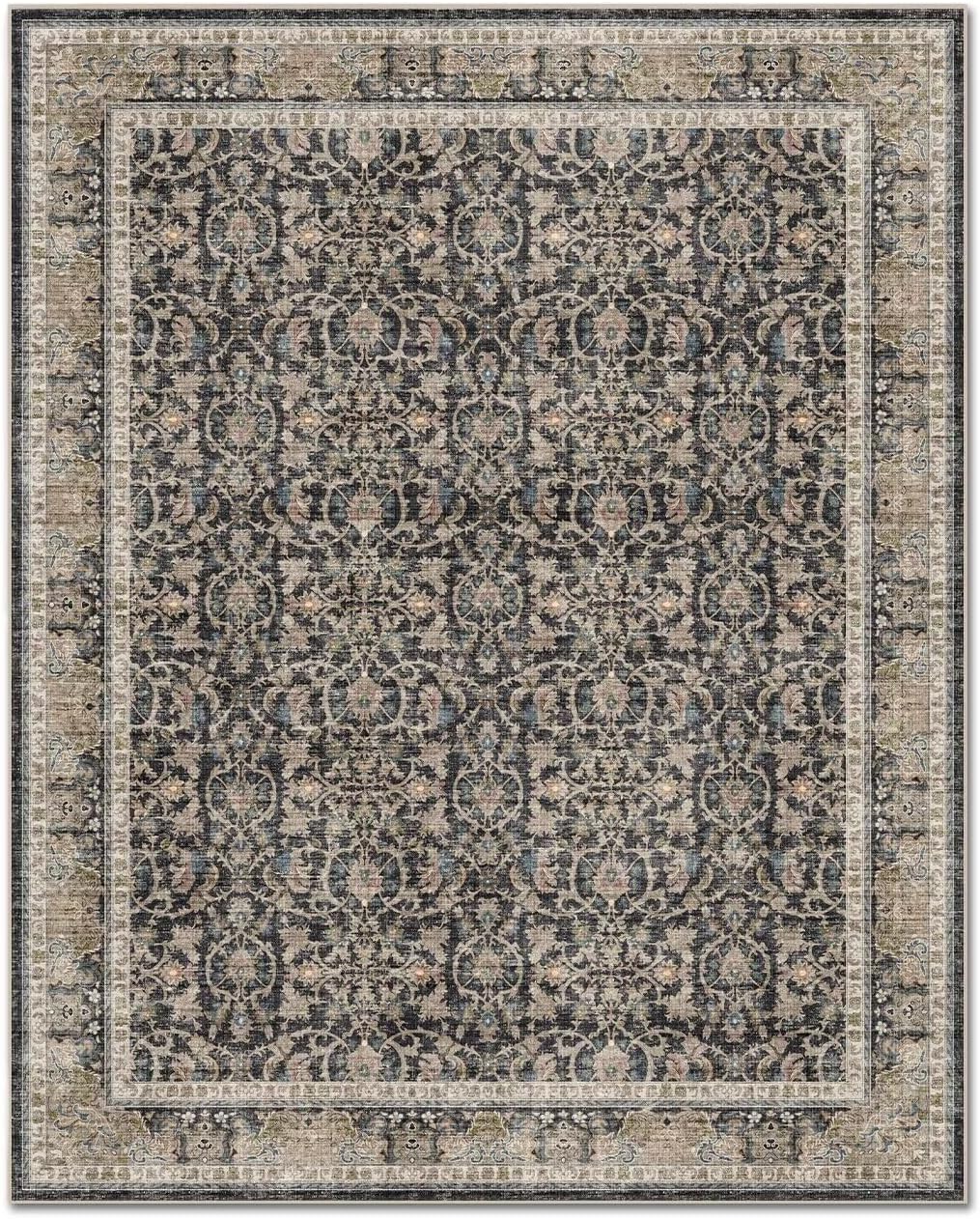 Washable 9x12 Area Rugs for Living Room, Boho Non-Slip Vintage Distress Lager Rugs for Bedroom Dining Room Nursery Office, 0.3" Neutral Oriental Throw Thin Carpet, Black/Brown/Blue/Multi - Image 8