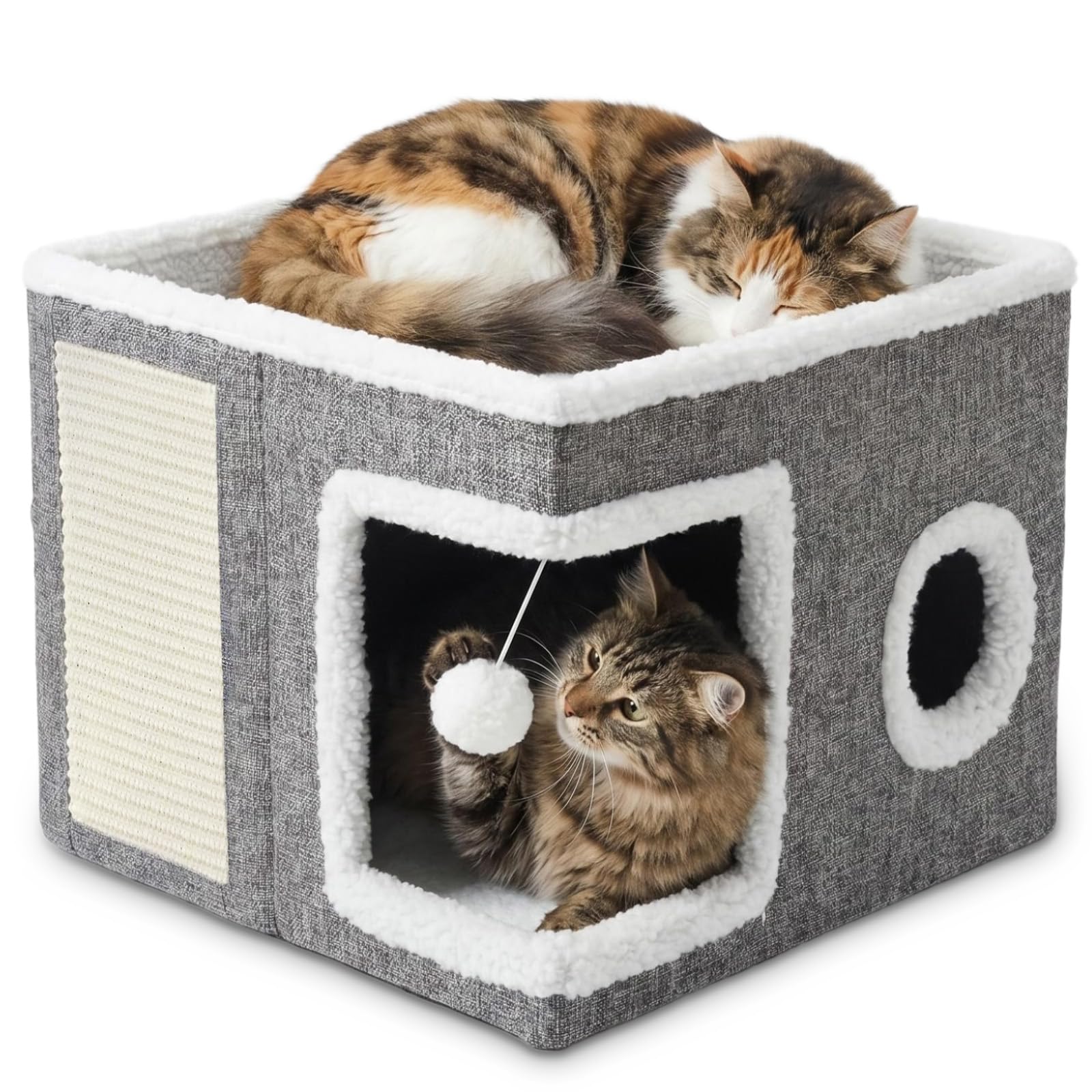 Cat Beds for Indoor Cats, Foldable Cat House Indoor, Cats Cave Bed with Scratch Pad and Fluffy Ball, for Multi-Pet Hideaway Condo,for All Seasons 41cm (L) x 41 cm (B) x 32cm (H)