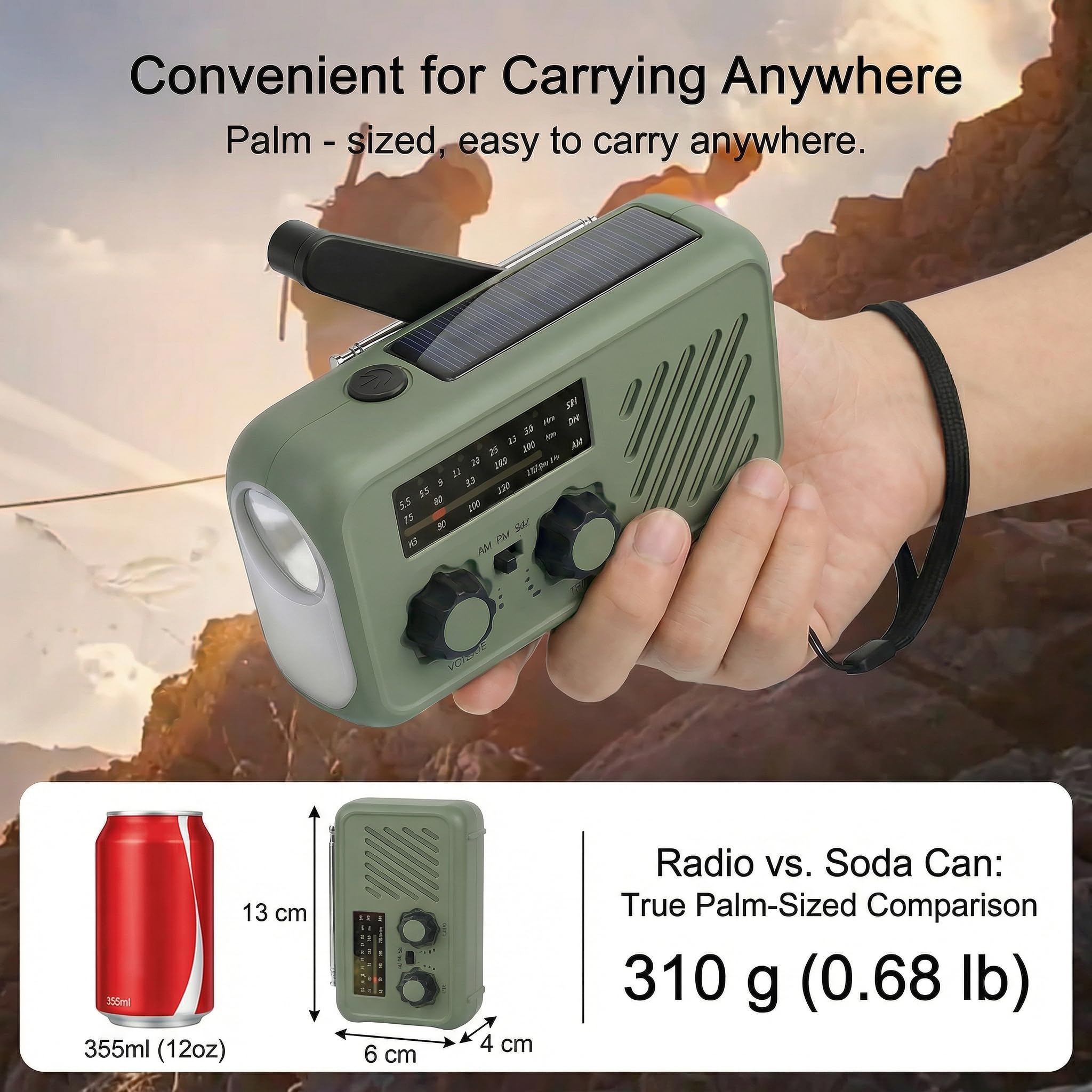 Notfall Radio Kurbelradio mit Kopfhöreranschluss, Wechselbarem Akku & 2000mAh Powerbank, Solar Radio AM/FM mit LED Licht & SOS Alarm für Stromausfall Camping Auto